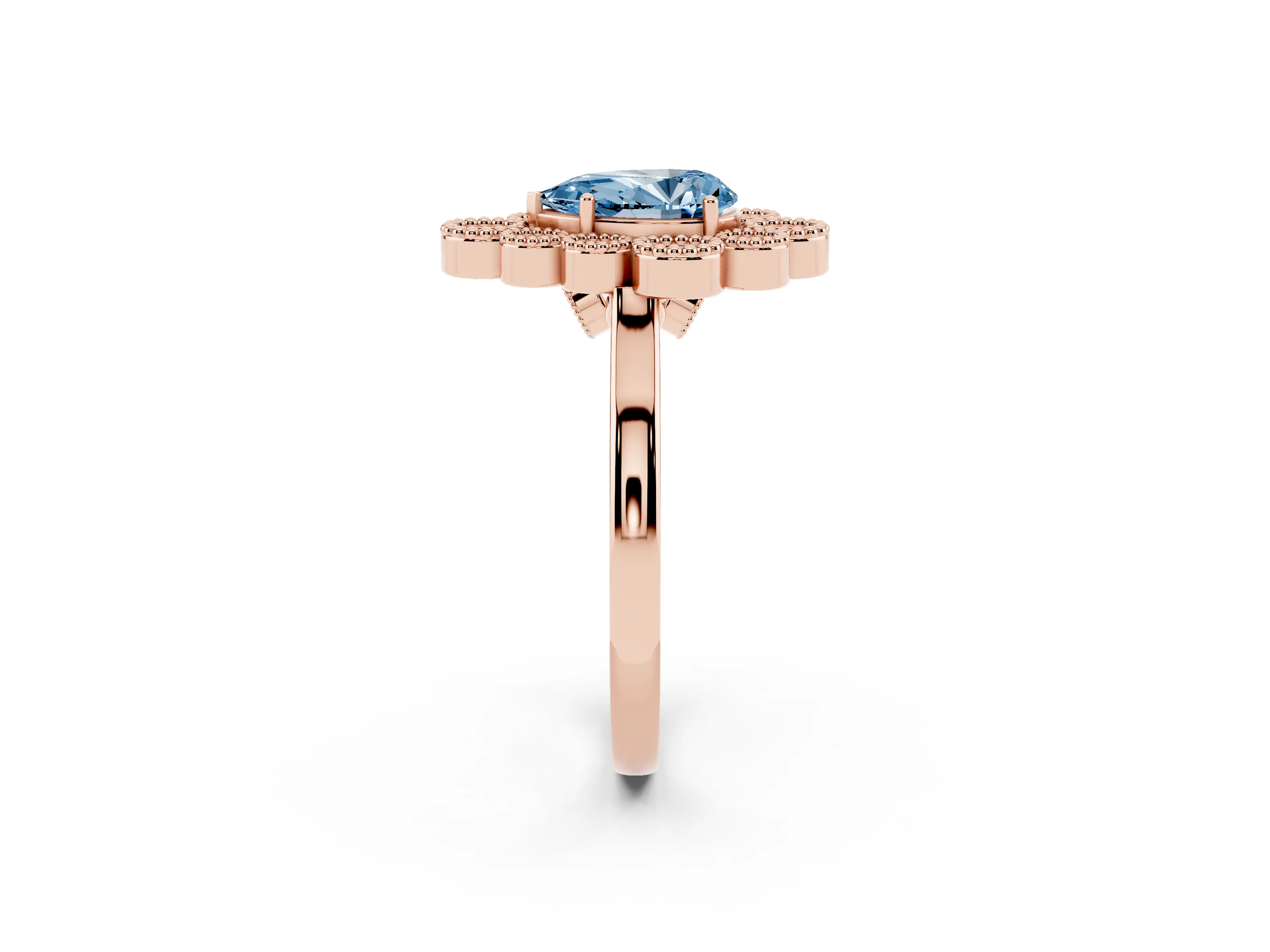 Fancy Blue Pear Cut Diamond Cluster Halo Ring Set in Rose gold with Milgrain Bezel Accents and Plain Band