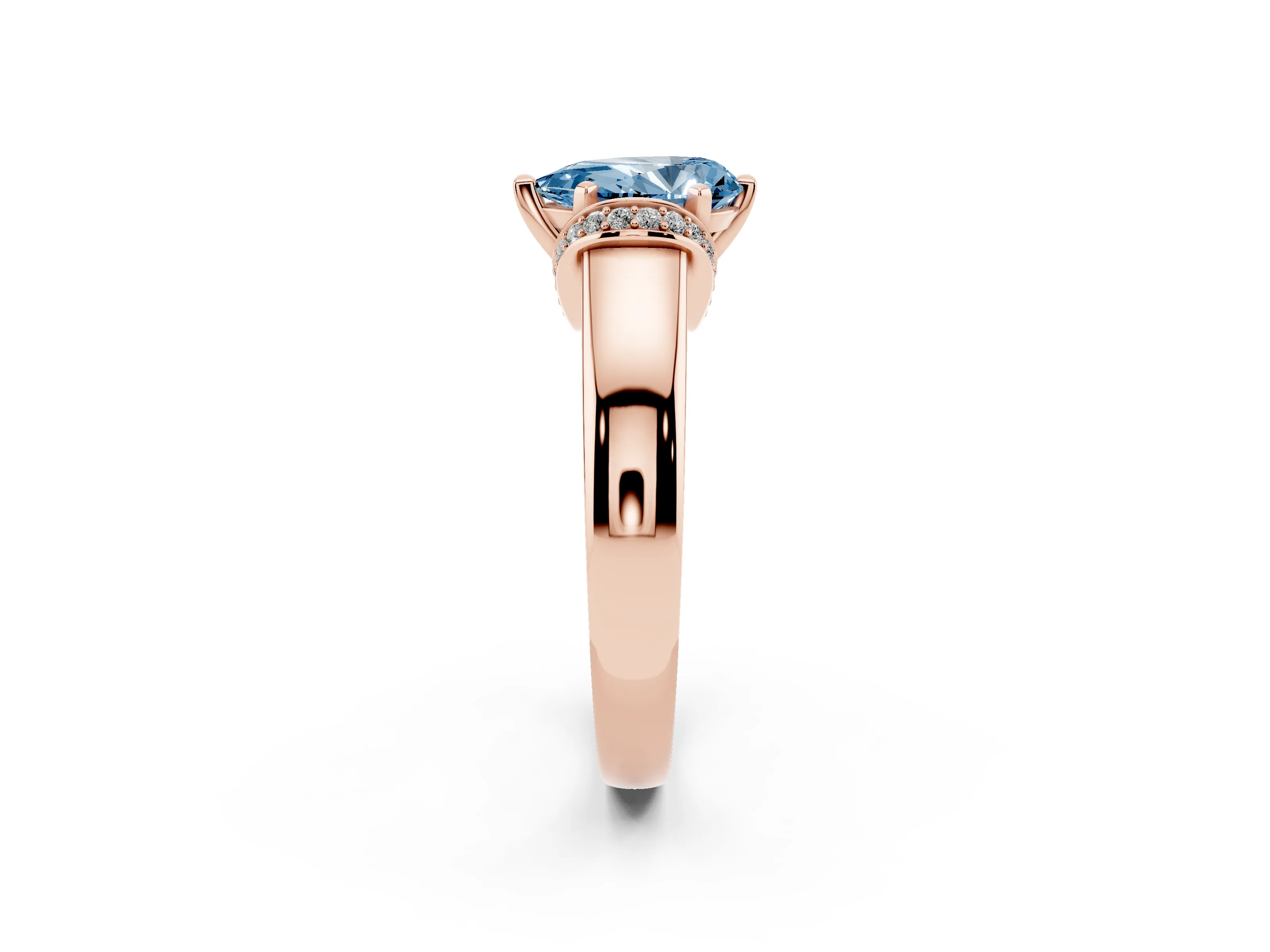 Fancy Blue Pear Cut Diamond Pavé Band Solitaire Ring Set in Rose gold with Prong Setting