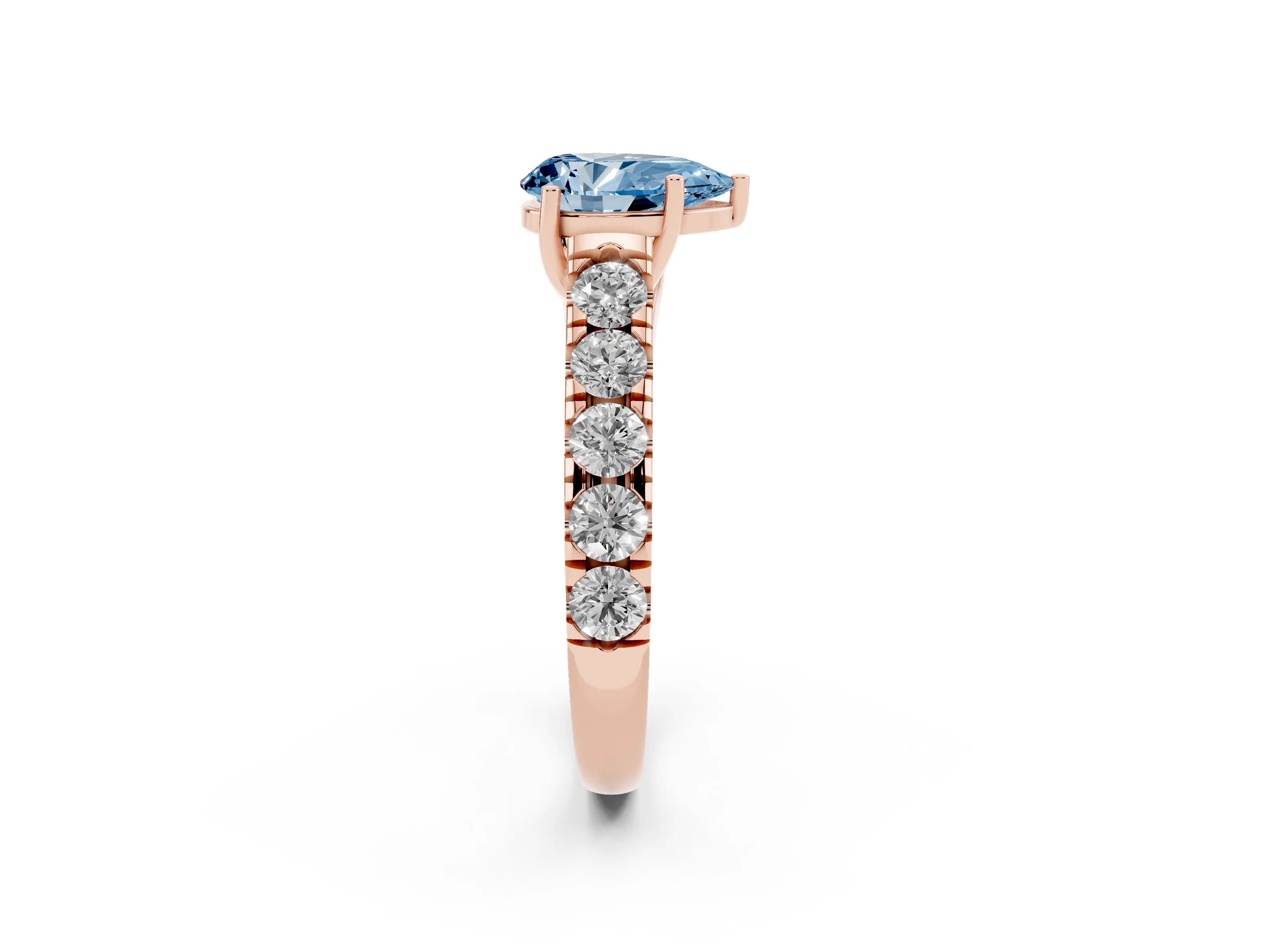 Fancy Blue Pear Cut Diamond Solitaire Ring Set in Rose gold with Cut-Down Micro Pavé Band and Prong Setting