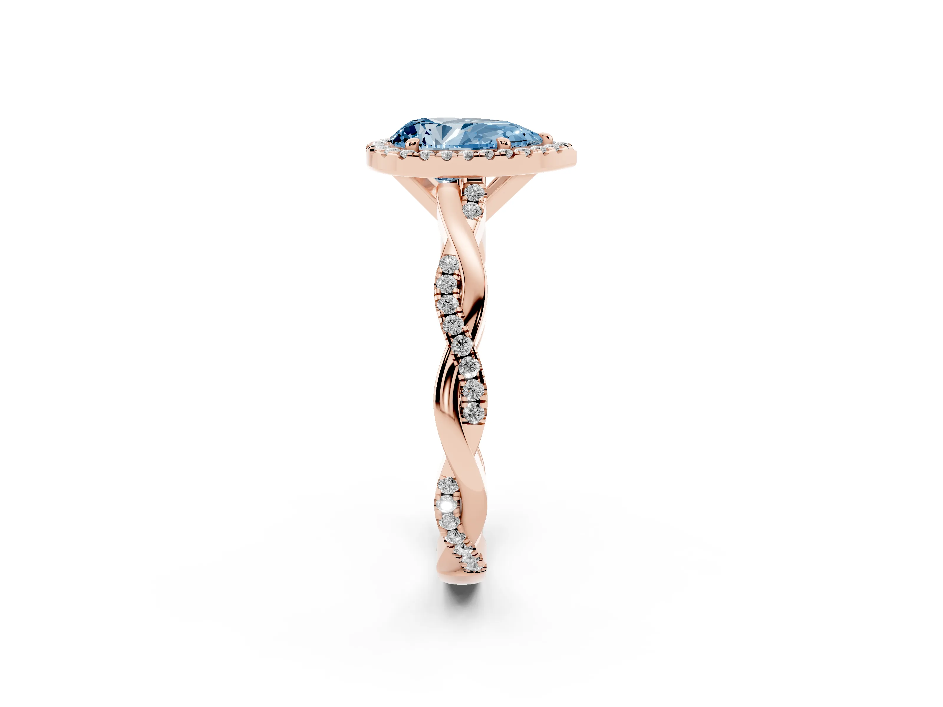 Fancy Blue Pear Cut Diamond Halo Twisted Band Ring Set in Rose gold with Prong Setting