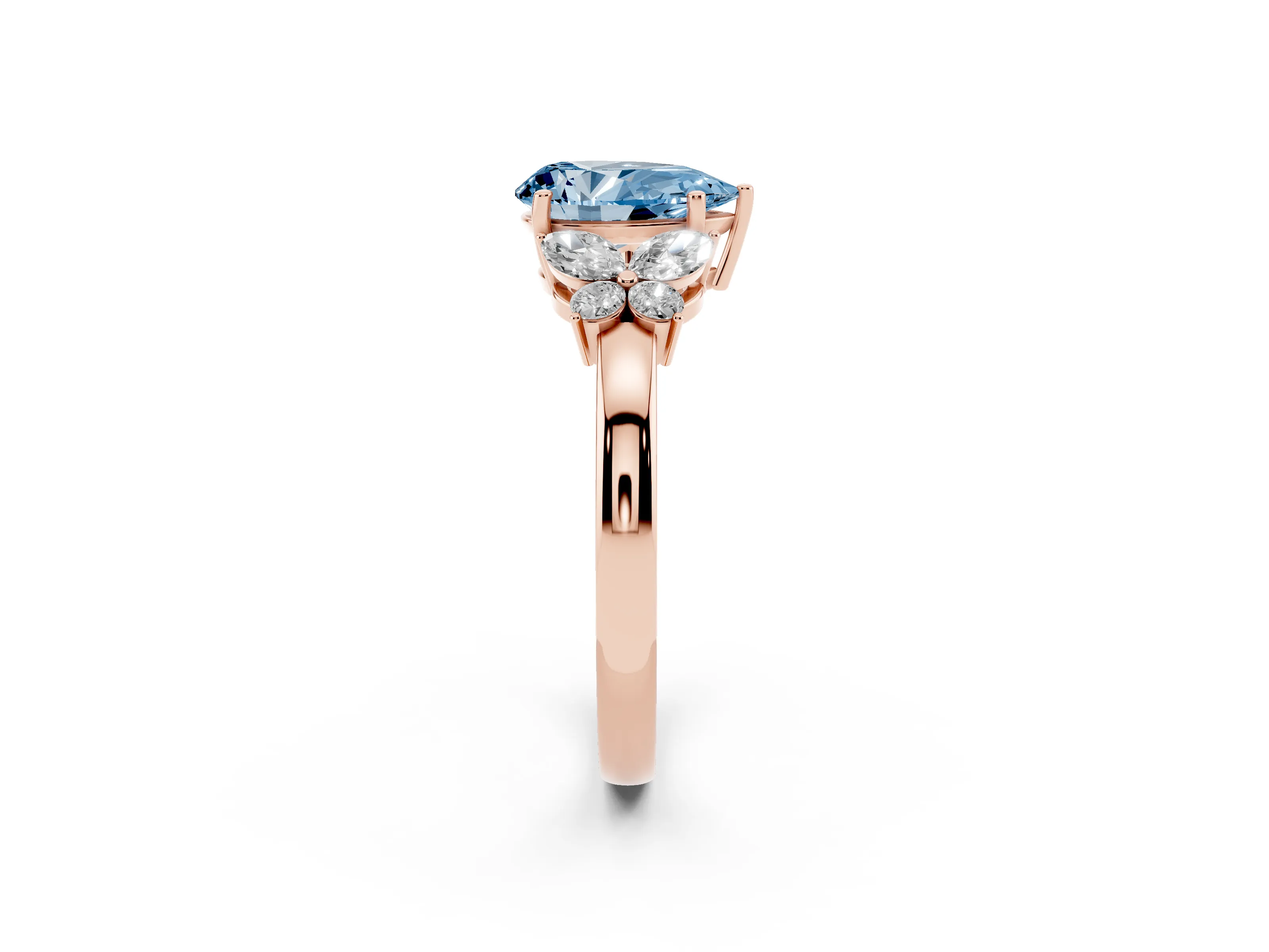 Fancy Blue Pear Cut Diamond Solitaire Floral Ring Set in Rose gold with Marquise Petals and Prong Setting