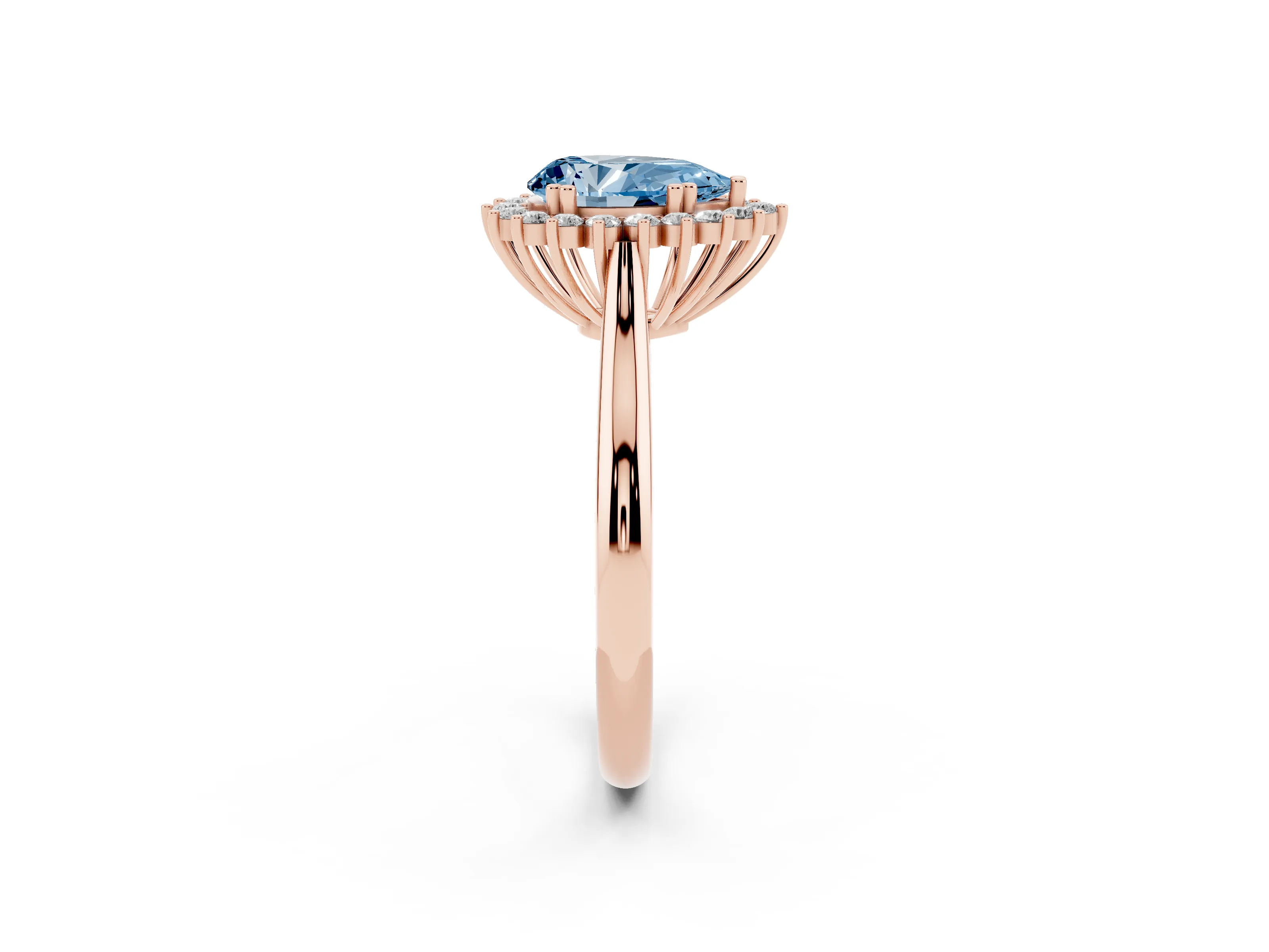 Fancy Blue Pear Cut Diamond Halo Ring Set in Rose gold with Plain Solitaire Band and Prong Setting