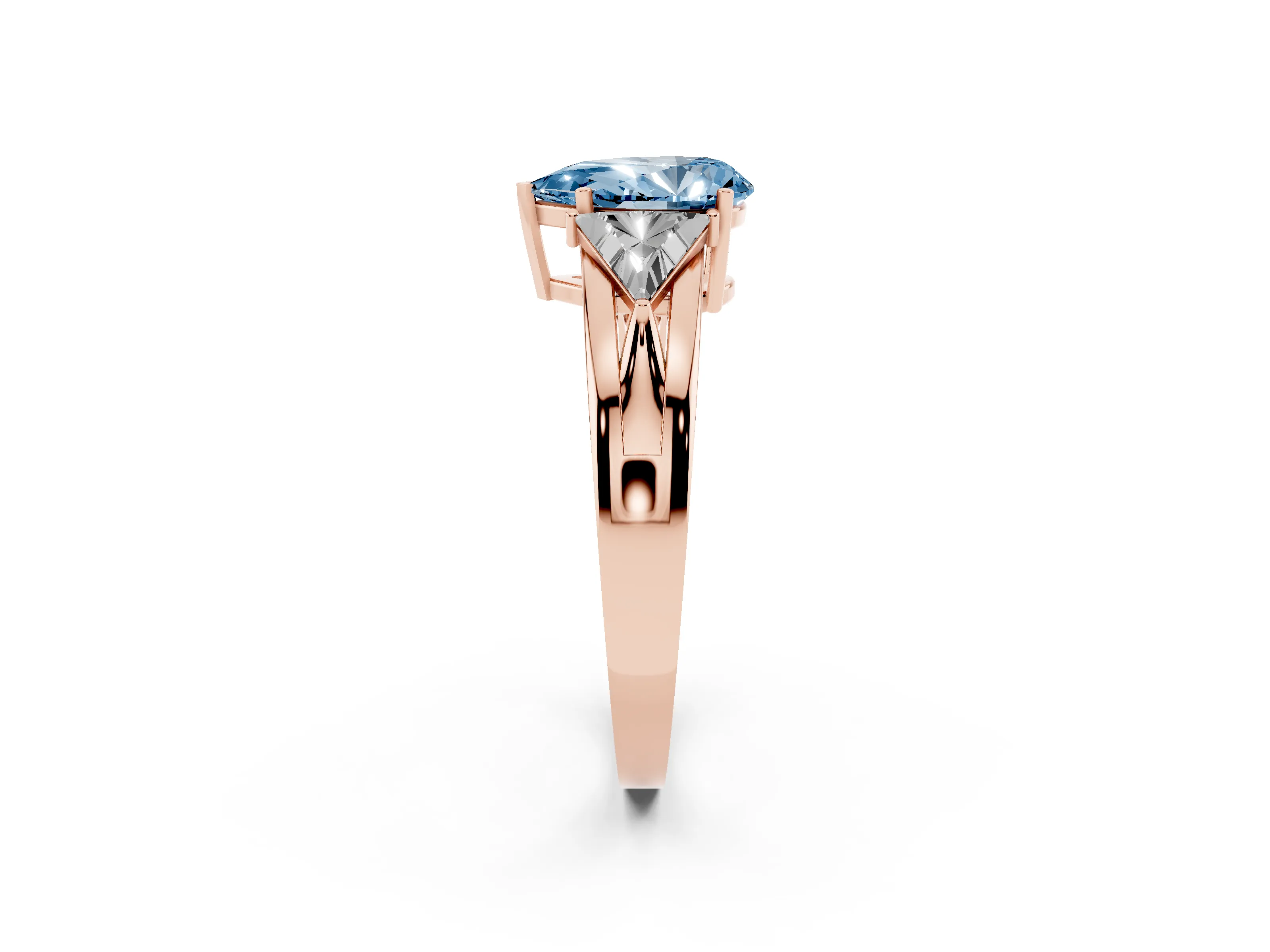 Fancy Blue Pear Cut Diamond Three-Stone Ring Set in Rose gold with Trillion Side Stones and Split Shank