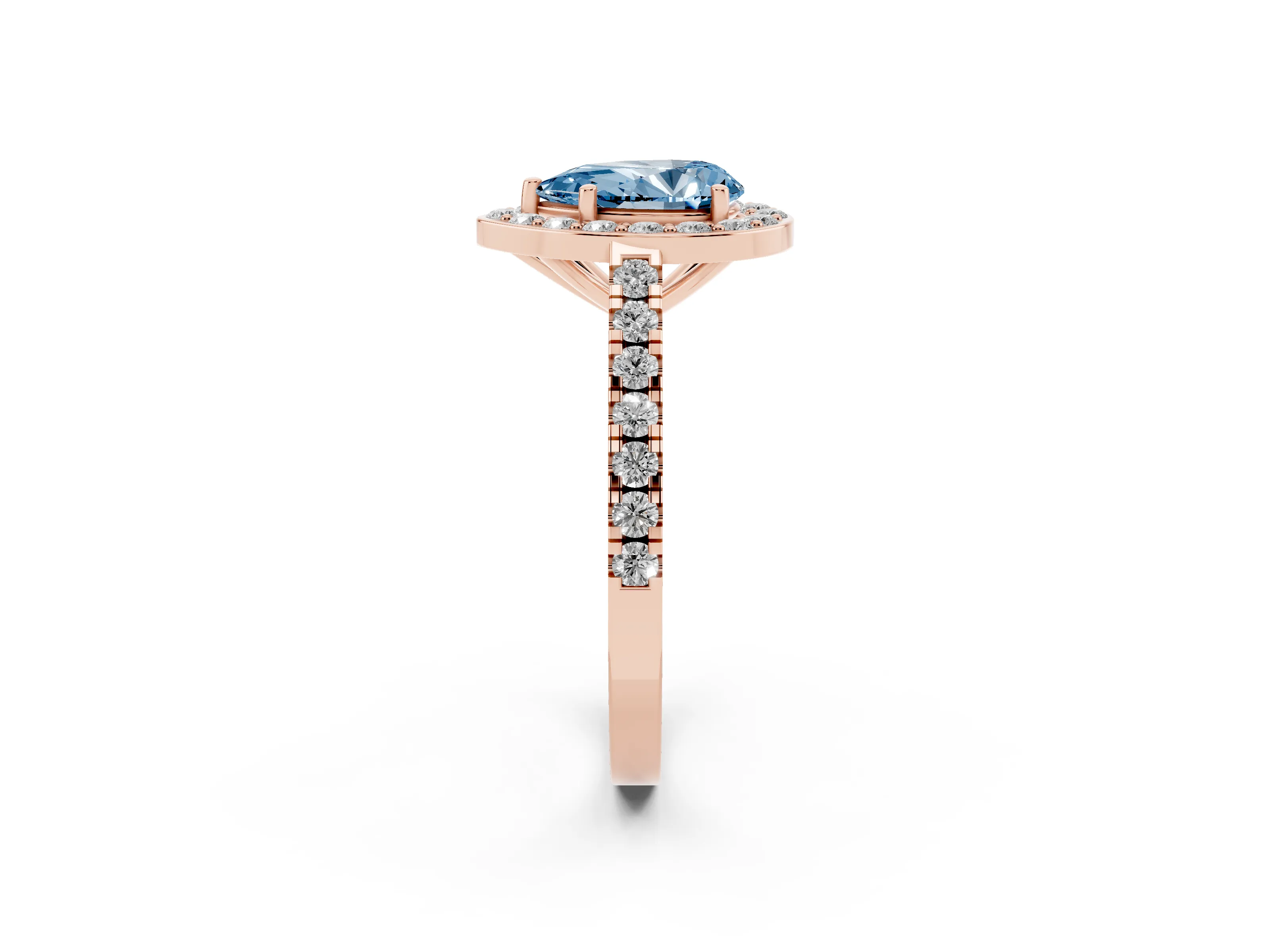 Fancy Blue Pear Cut Diamond Halo Ring Set in Rose gold with Round Pavé Split Shank and Prong Setting