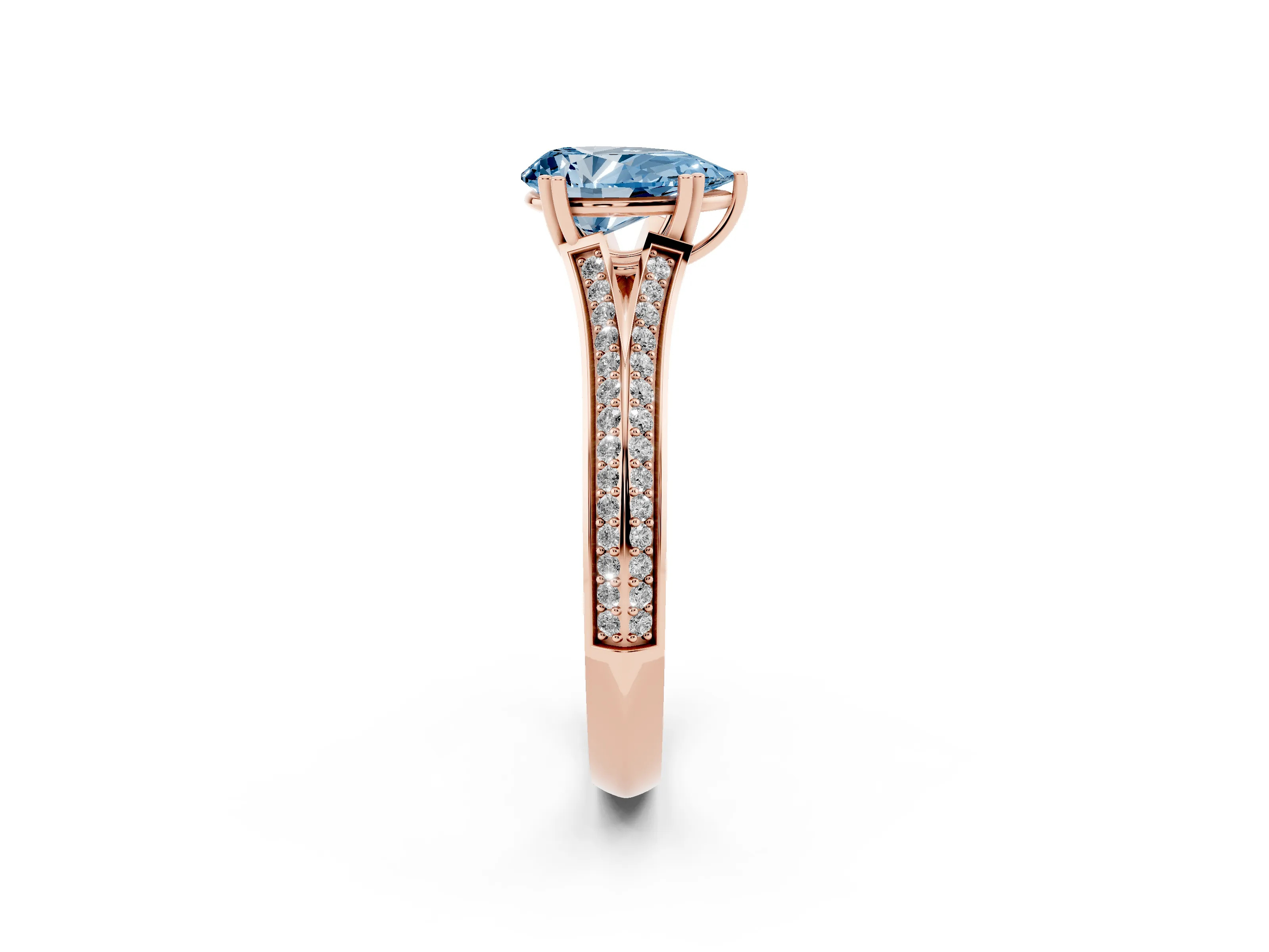 Fancy Blue Pear Cut Diamond Split Shank Pavé Engagement Ring Set in Rose gold with Prong-Set Center Stone