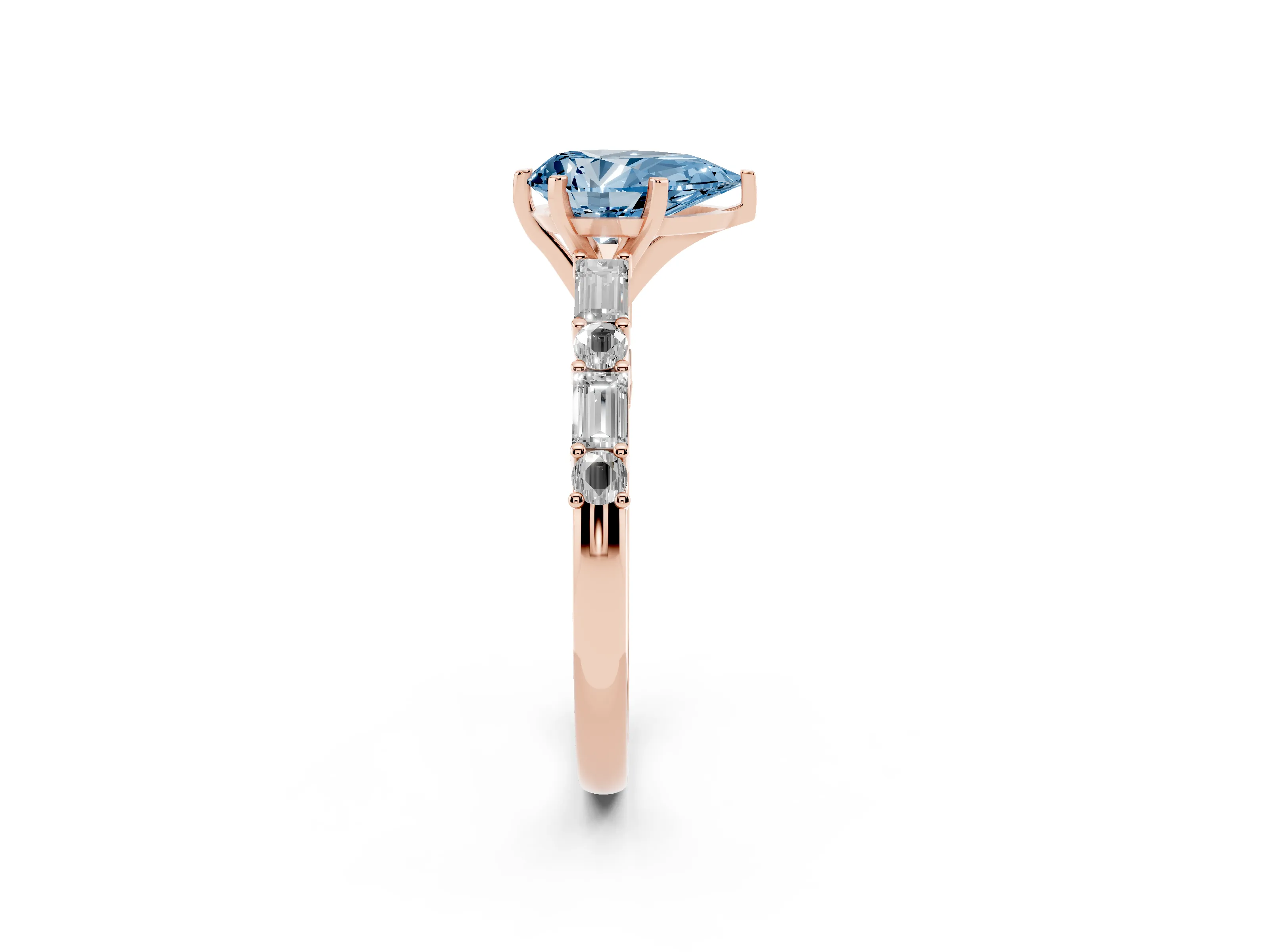 Fancy Blue Pear Cut Diamond Solitaire Set in Rose gold with Side Baguettes and Channel Set Band