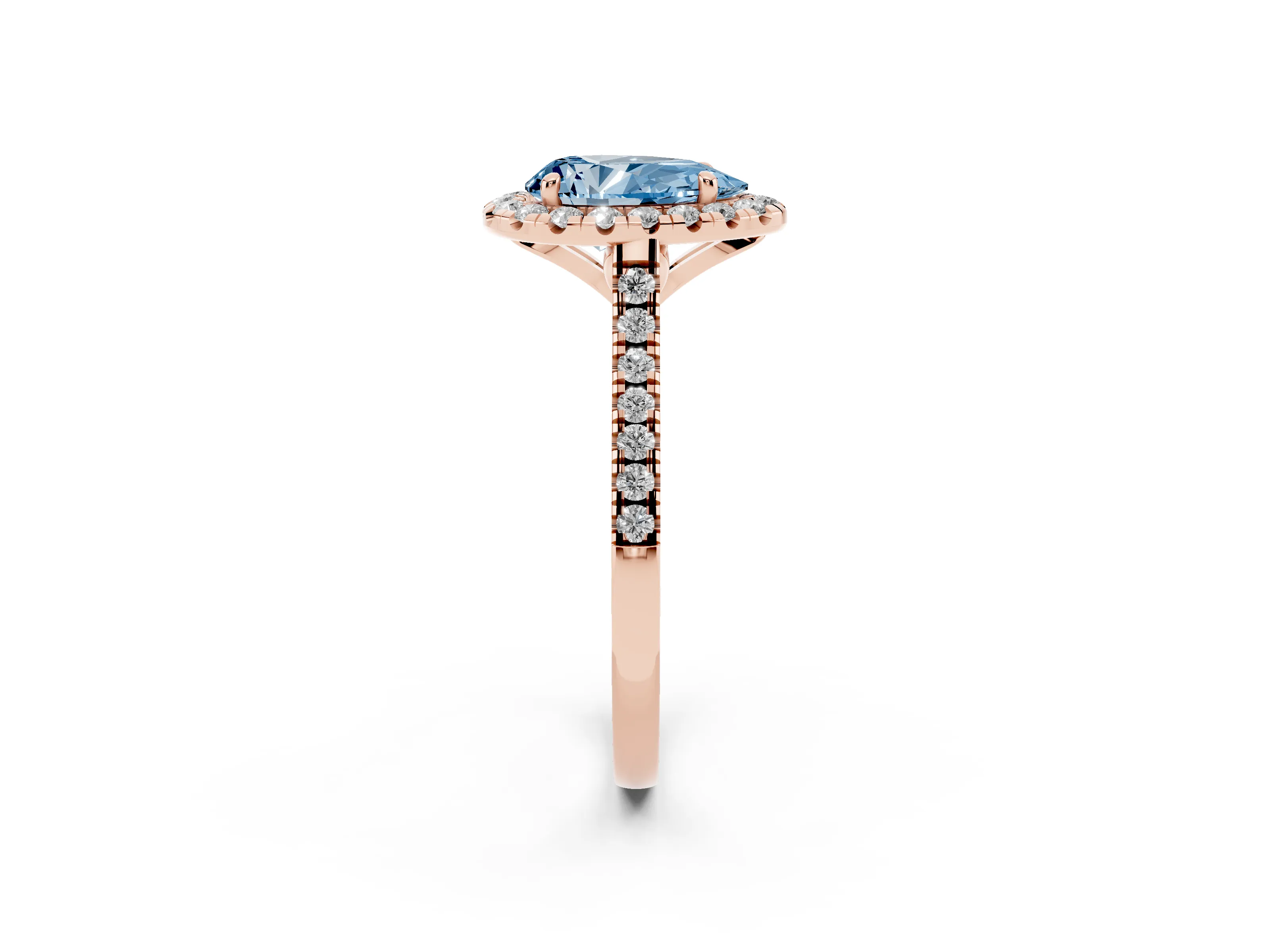 Fancy Blue Pear Cut Diamond Cushion Halo Ring Set in Rose gold with Pavé Band