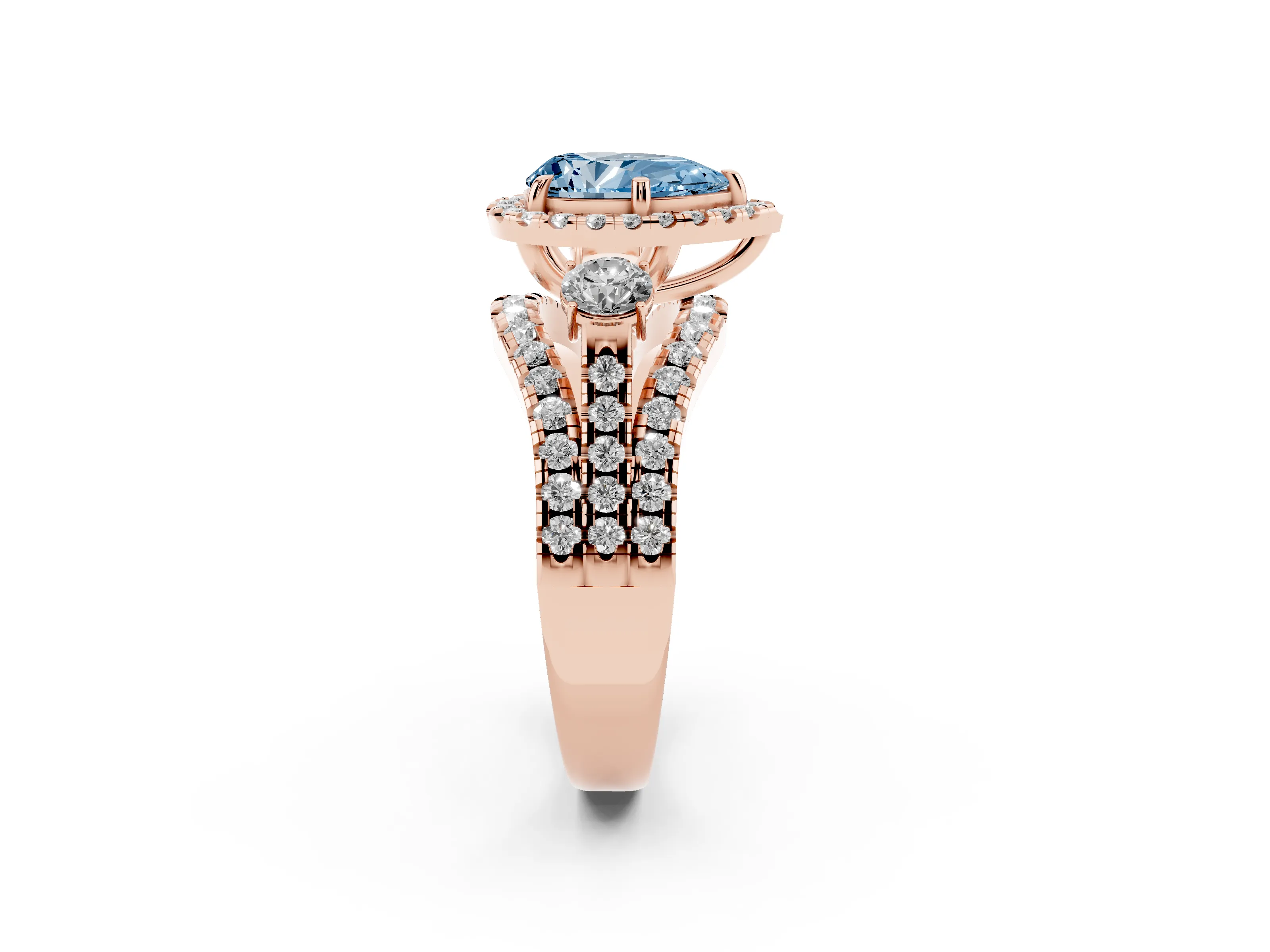 Fancy Blue Pear Cut Diamond Halo Split Shank Ring Set in Rose gold with Round Accent Stones and Prong Setting