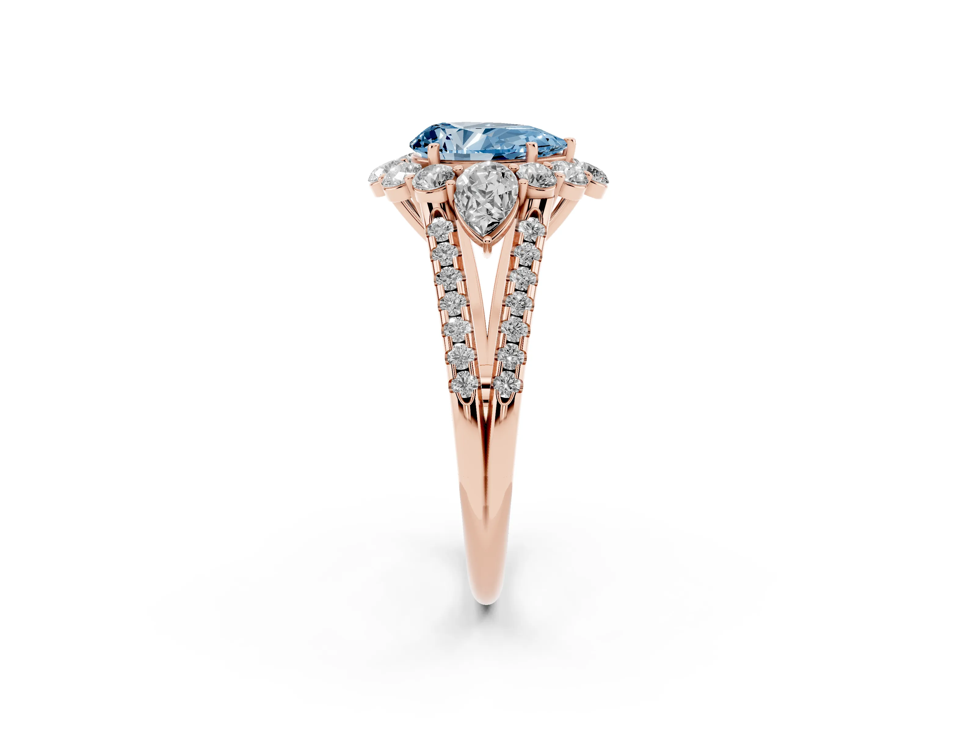 Fancy Blue Pear Cut Diamond Halo Split Shank Engagement Ring Set in Rose gold with Prong-Held Center Stone