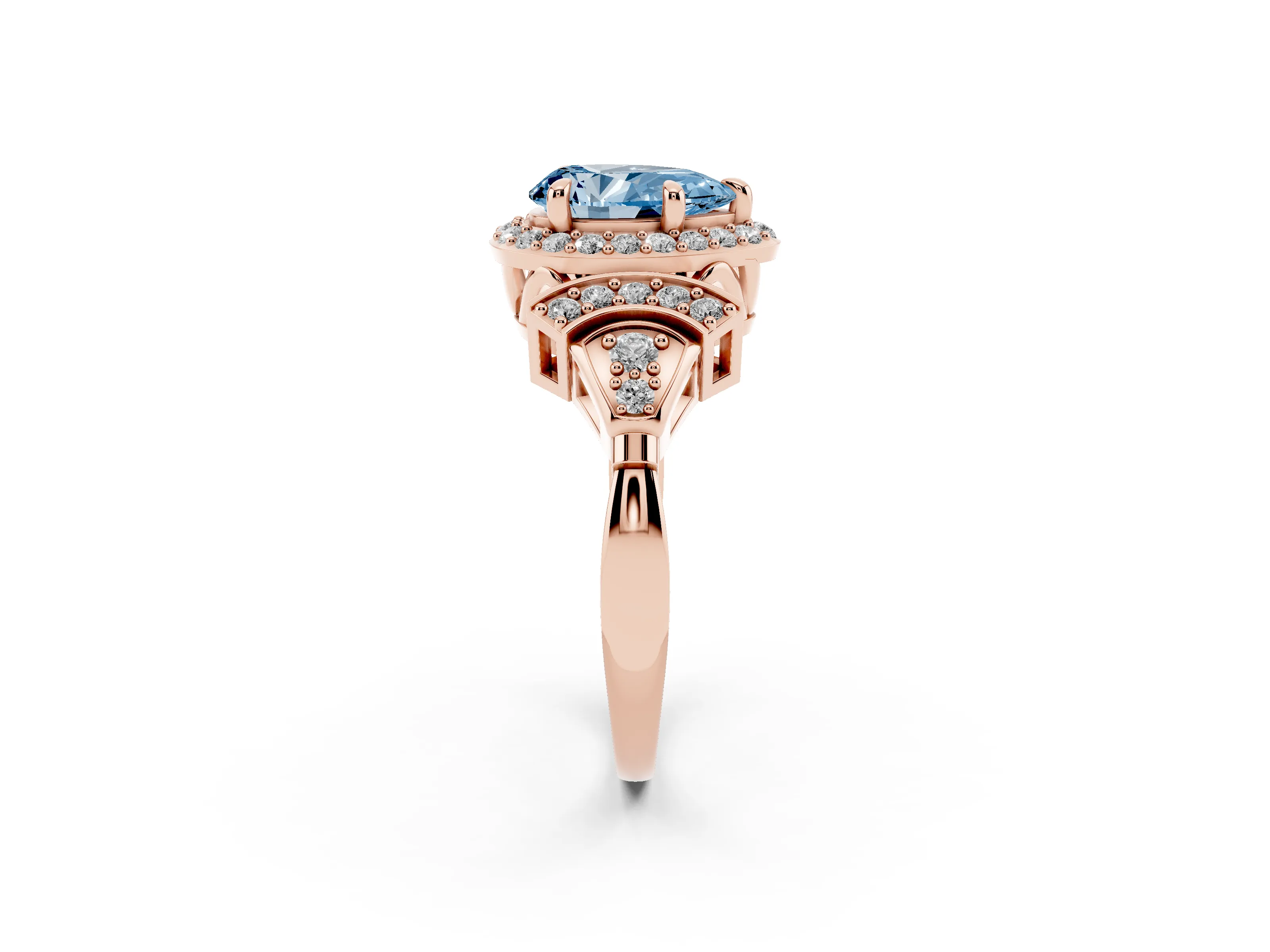 Fancy Blue Pear Cut Diamond Halo Engagement Ring Set in Rose gold with Accent Stone Split Shank