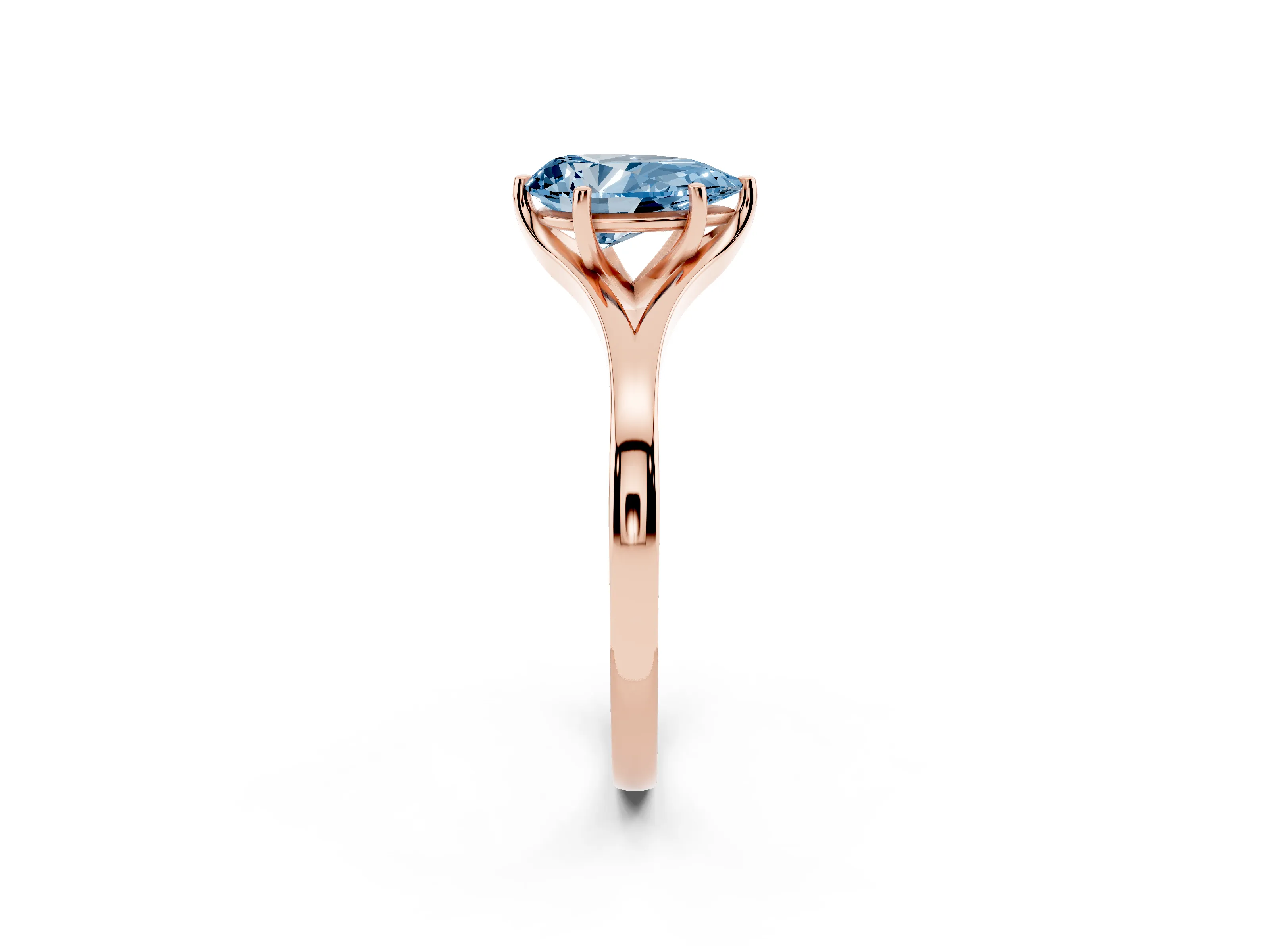 Fancy Blue Pear Cut Diamond Solitaire Ring Set in Rose gold with Polished Tapered Band and Prong Setting