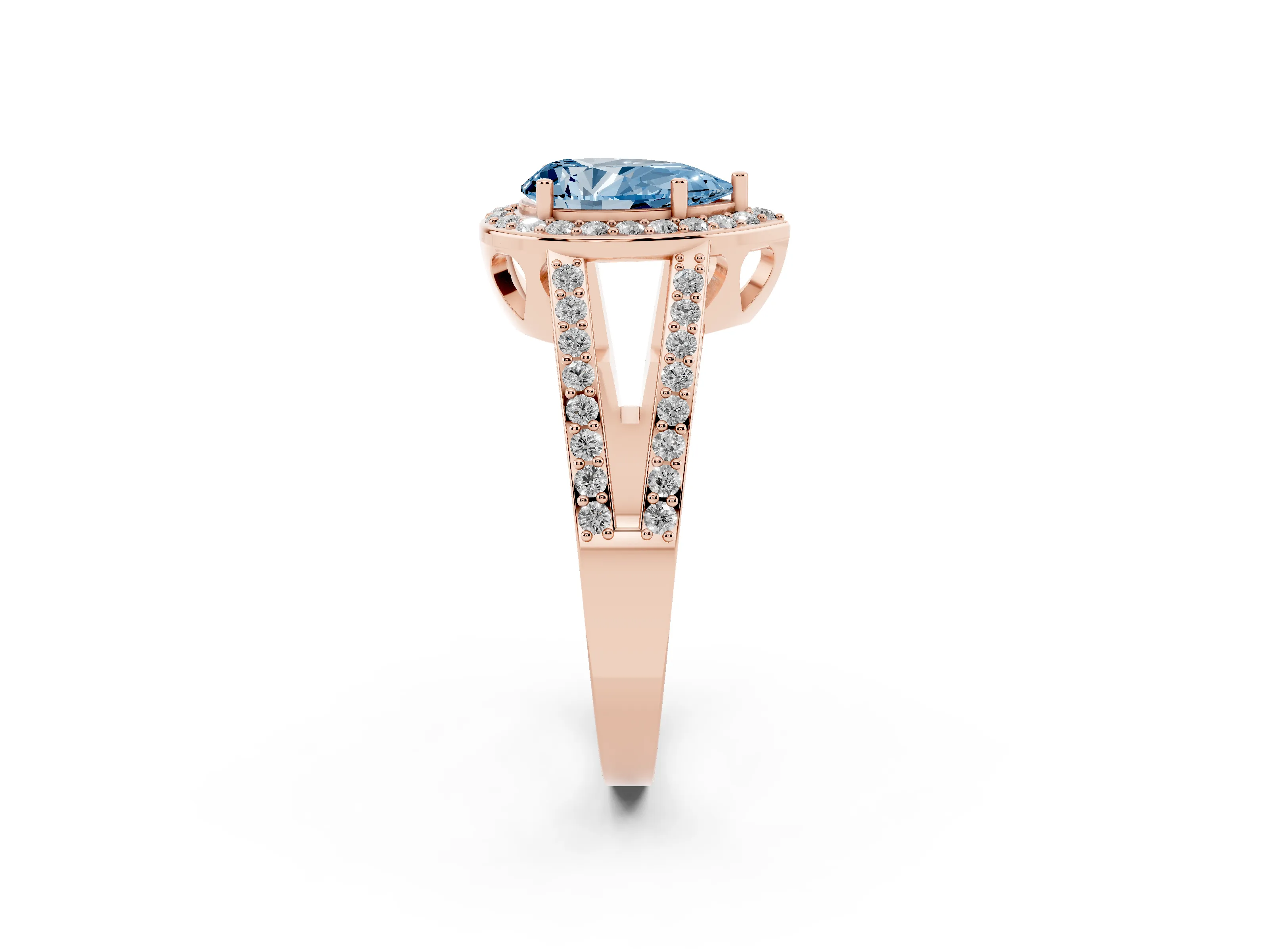Fancy Blue Pear Cut Diamond Halo Ring Set in Rose gold with U-Prong Split Shank and Prong Setting