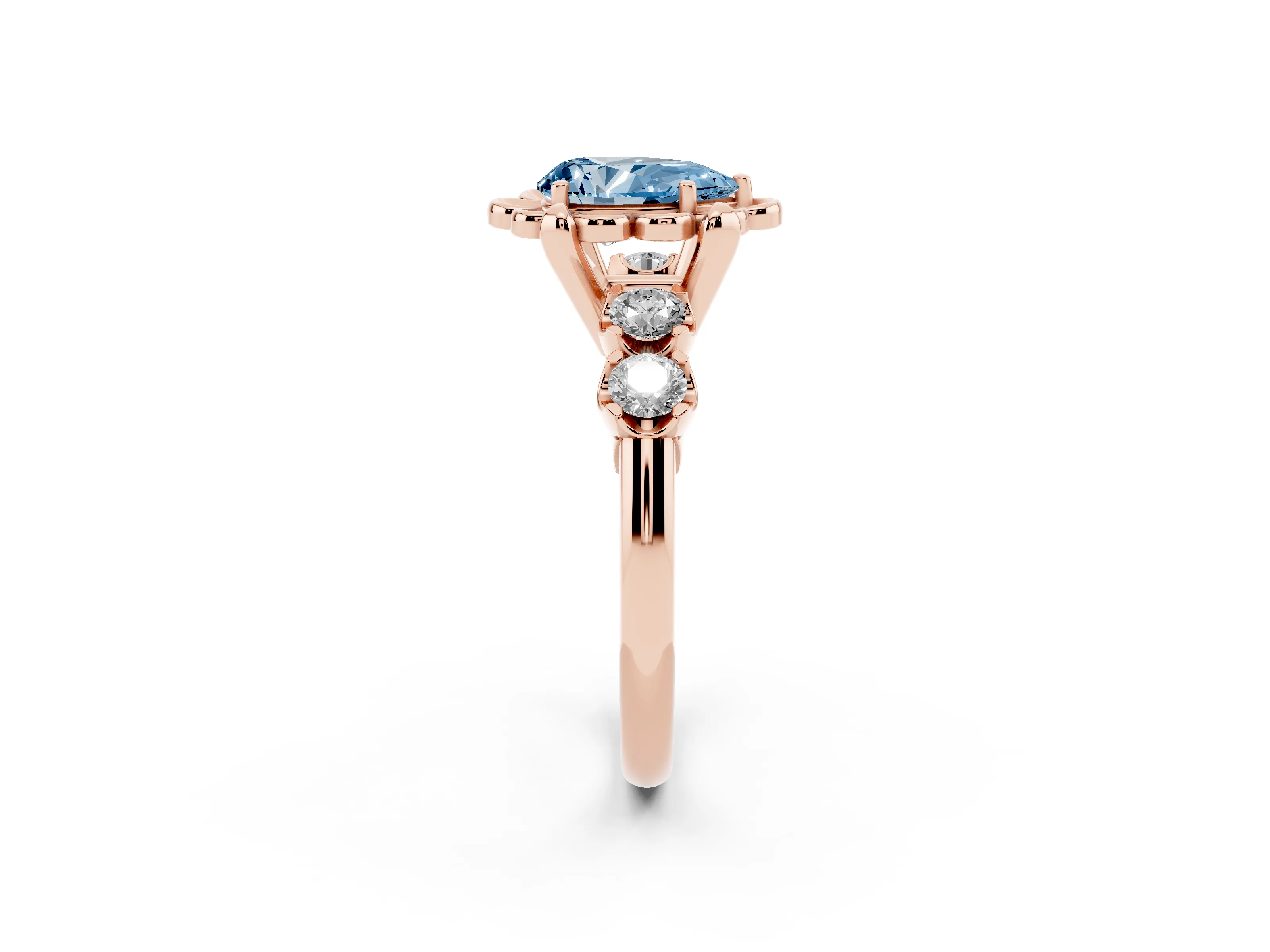 Fancy Blue Pear Cut Diamond Floral Halo Ring Set in Rose gold with Shared Prong Band
