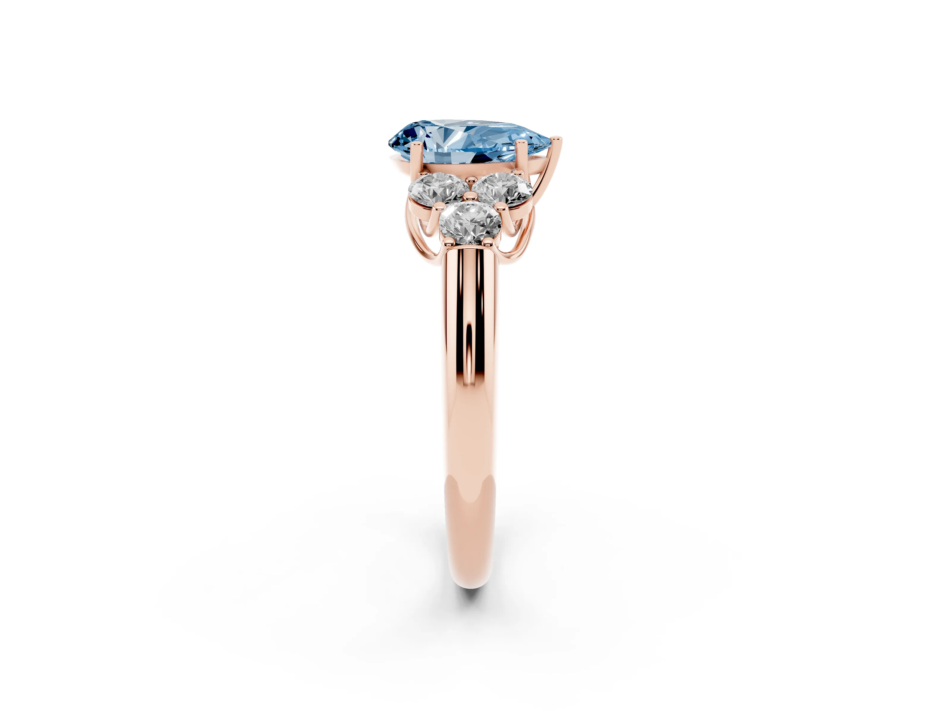 Fancy Blue Pear Cut Diamond Cluster Ring Set in Rose gold with Round Accent Stones and Prong Setting on a Plain Band