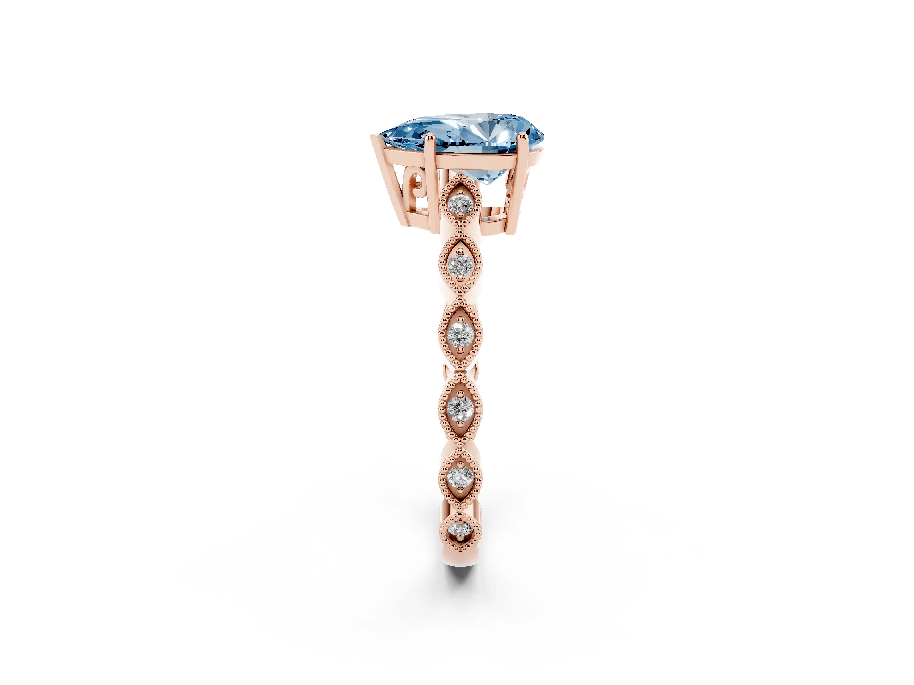 Fancy Blue Pear Cut Diamond Solitaire Ring Set in Rose gold with Infinity Twist Pavé Band