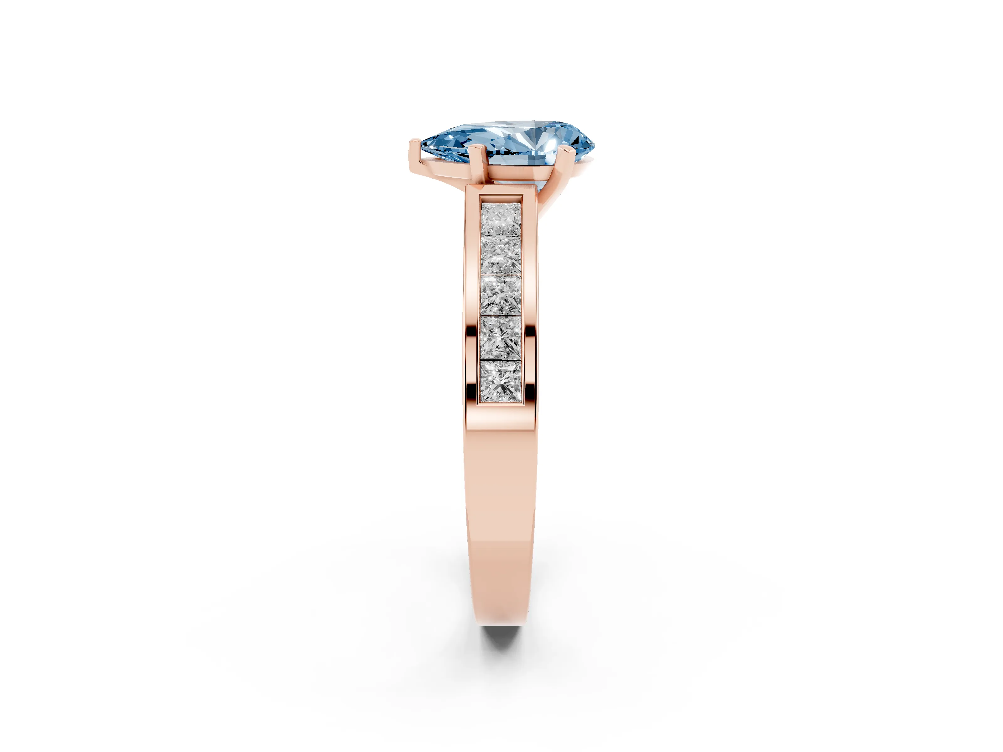 Fancy Blue Pear Cut Diamond Solitaire Ring Set in Rose gold with Channel-Set Band and Prong Setting