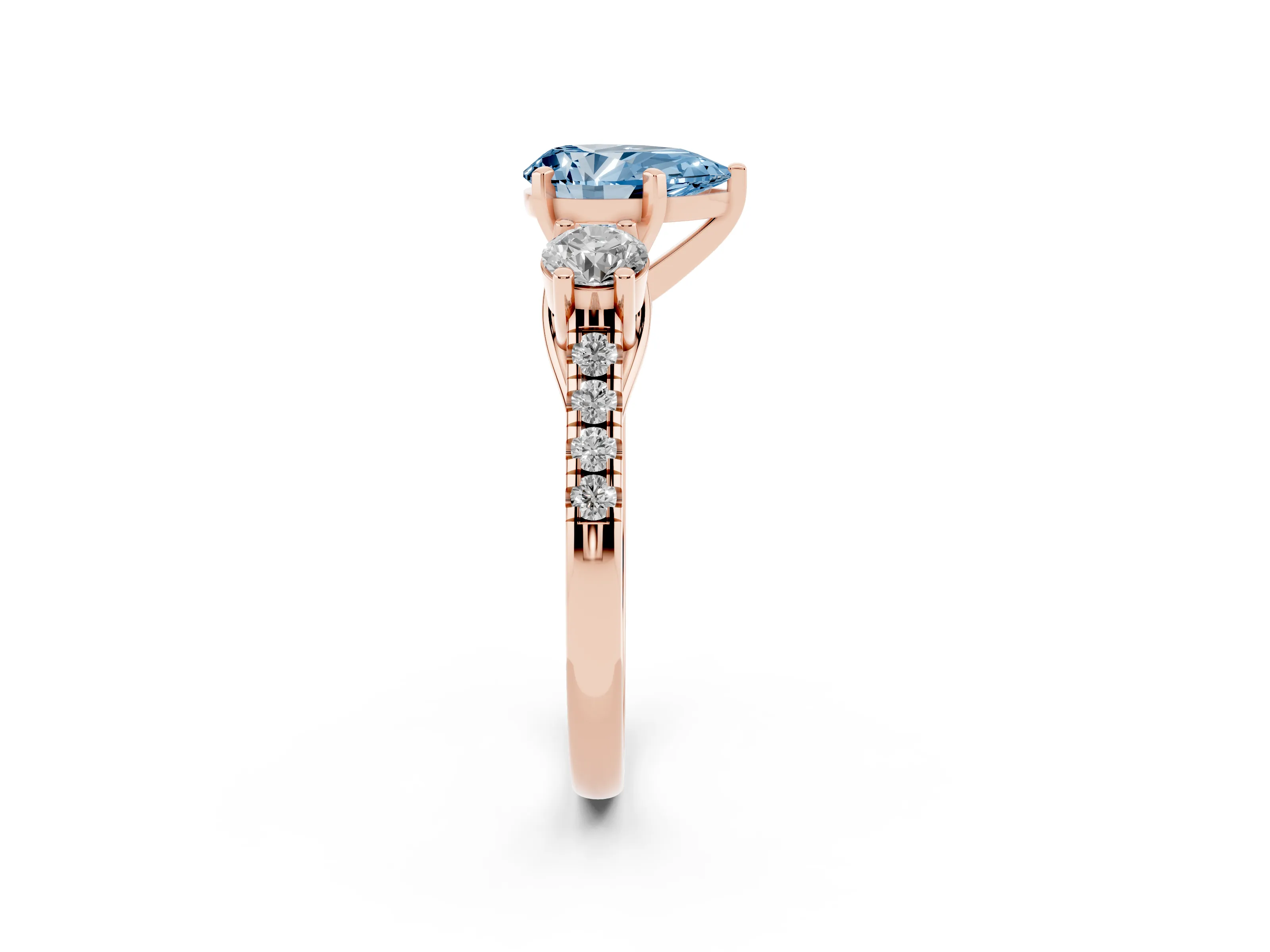 Fancy Blue Three-Stone Pear Cut Diamond Pavé Band Ring Set in Rose gold with Prong-Set Trio