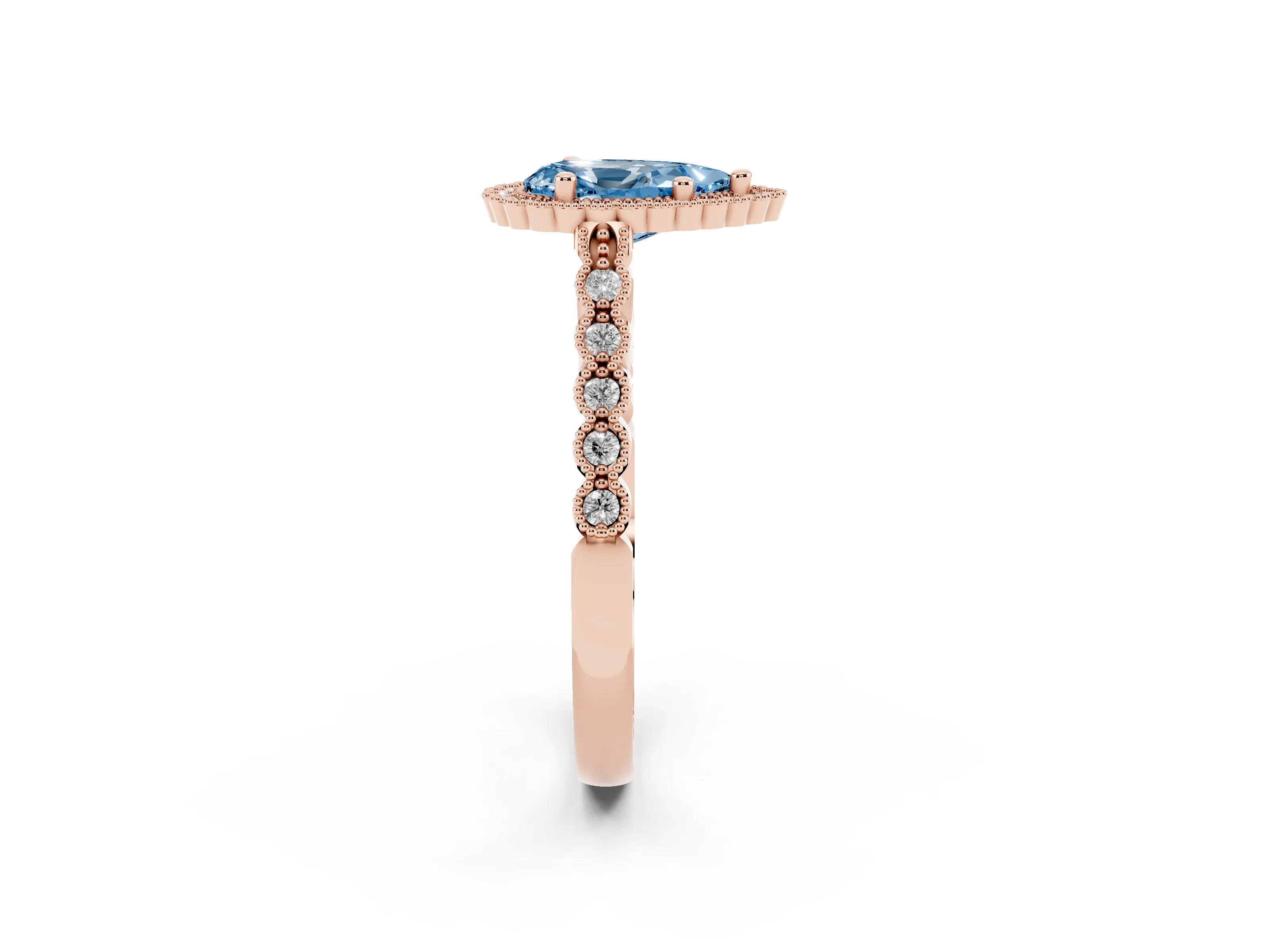 Fancy Blue Pear Cut Diamond Halo Ring Set in Rose gold with Pavé Milgrain Band