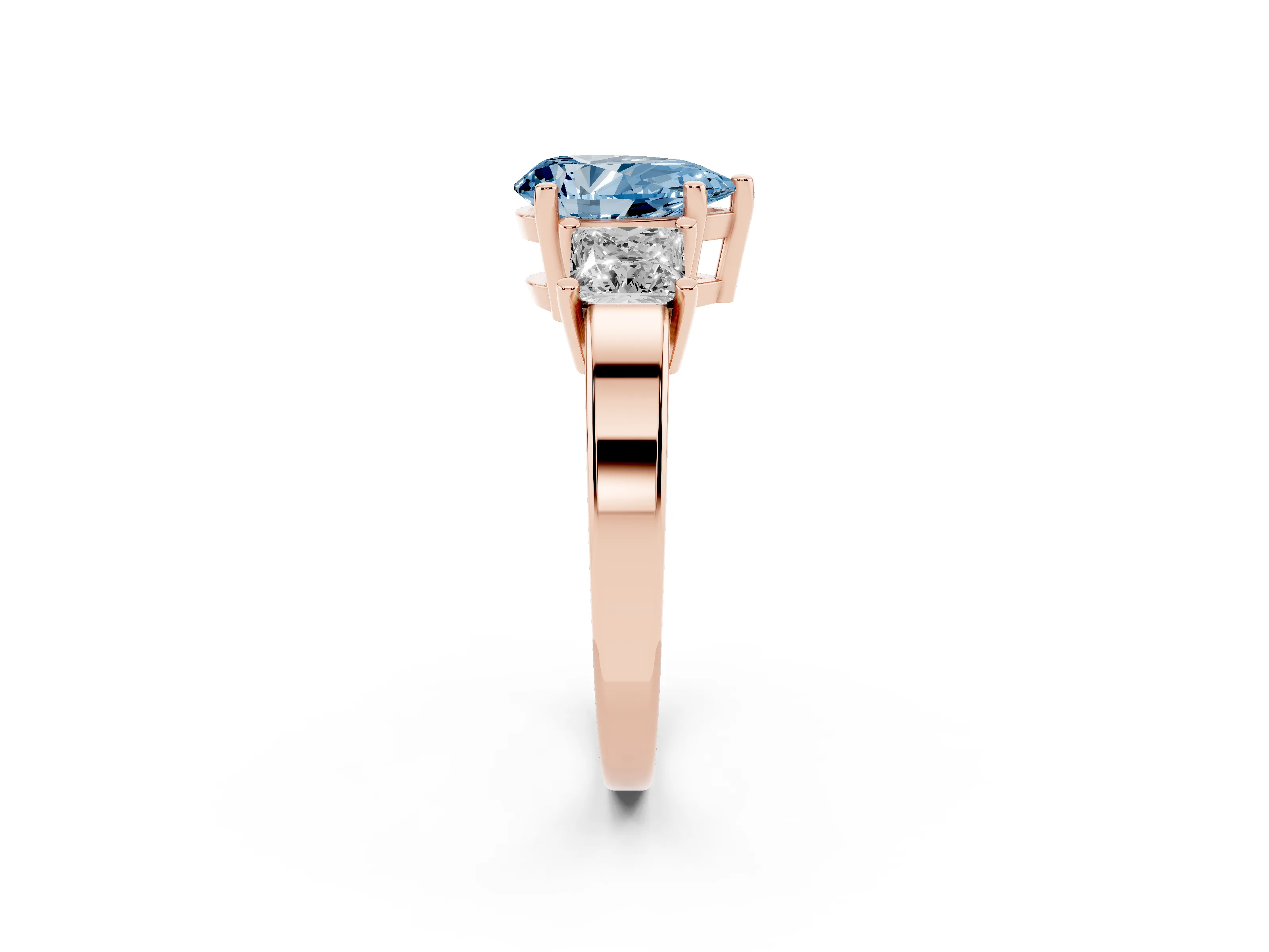 Fancy Blue Three-Stone Pear Cut Diamond Solitaire Ring Set in Rose gold with Prong Setting