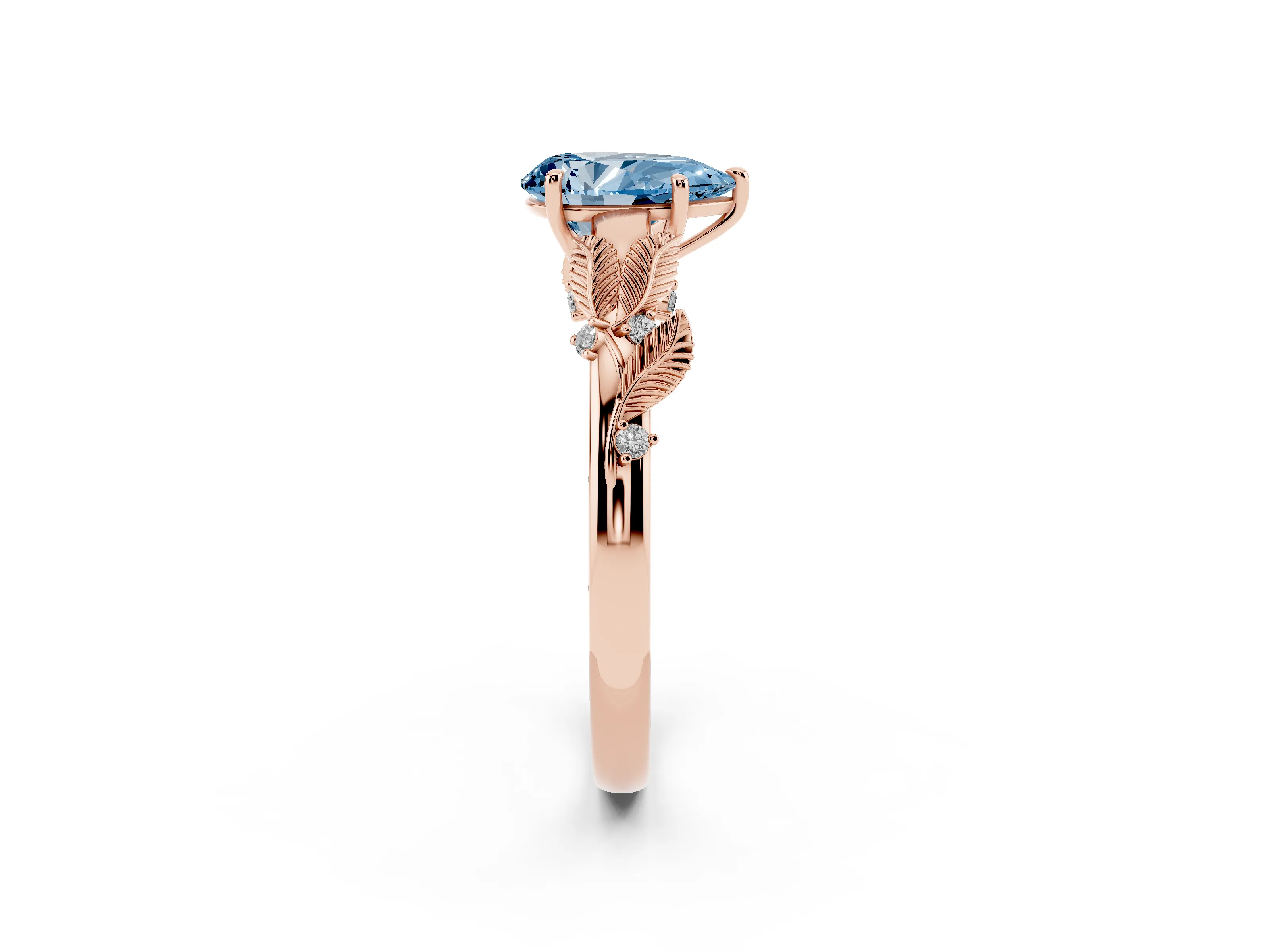 Fancy Blue Pear Cut Diamond Solitaire Ring Set in Rose gold with Leaf Motif Band