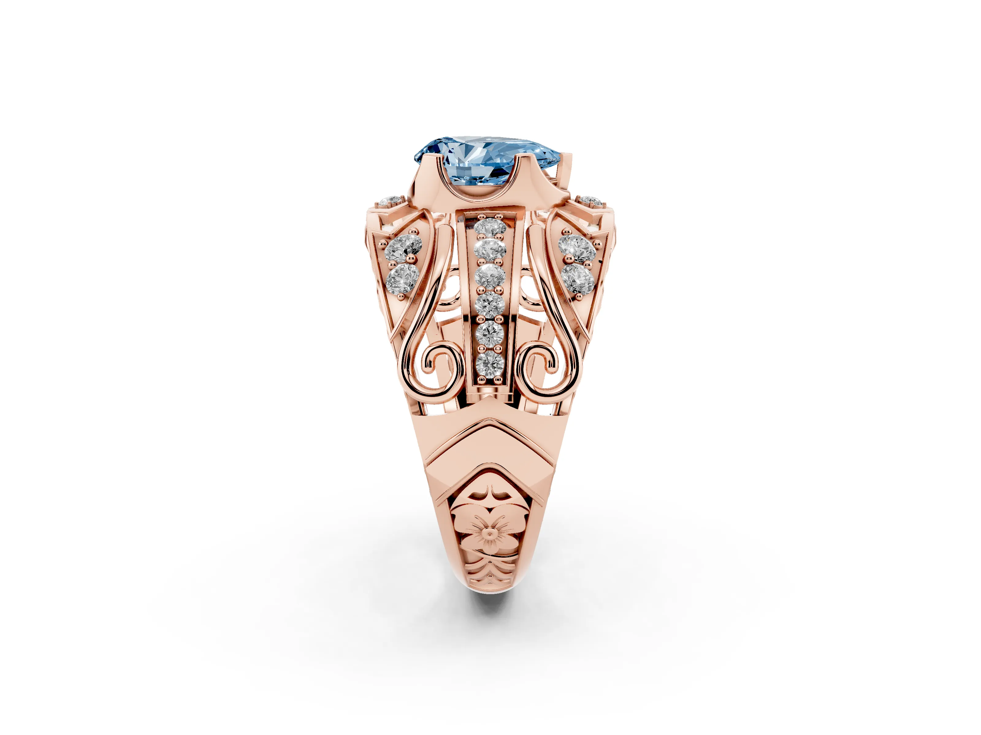 Fancy Blue Pear Cut Diamond Art Deco Ring Set in Rose gold with Pavé Split Shank