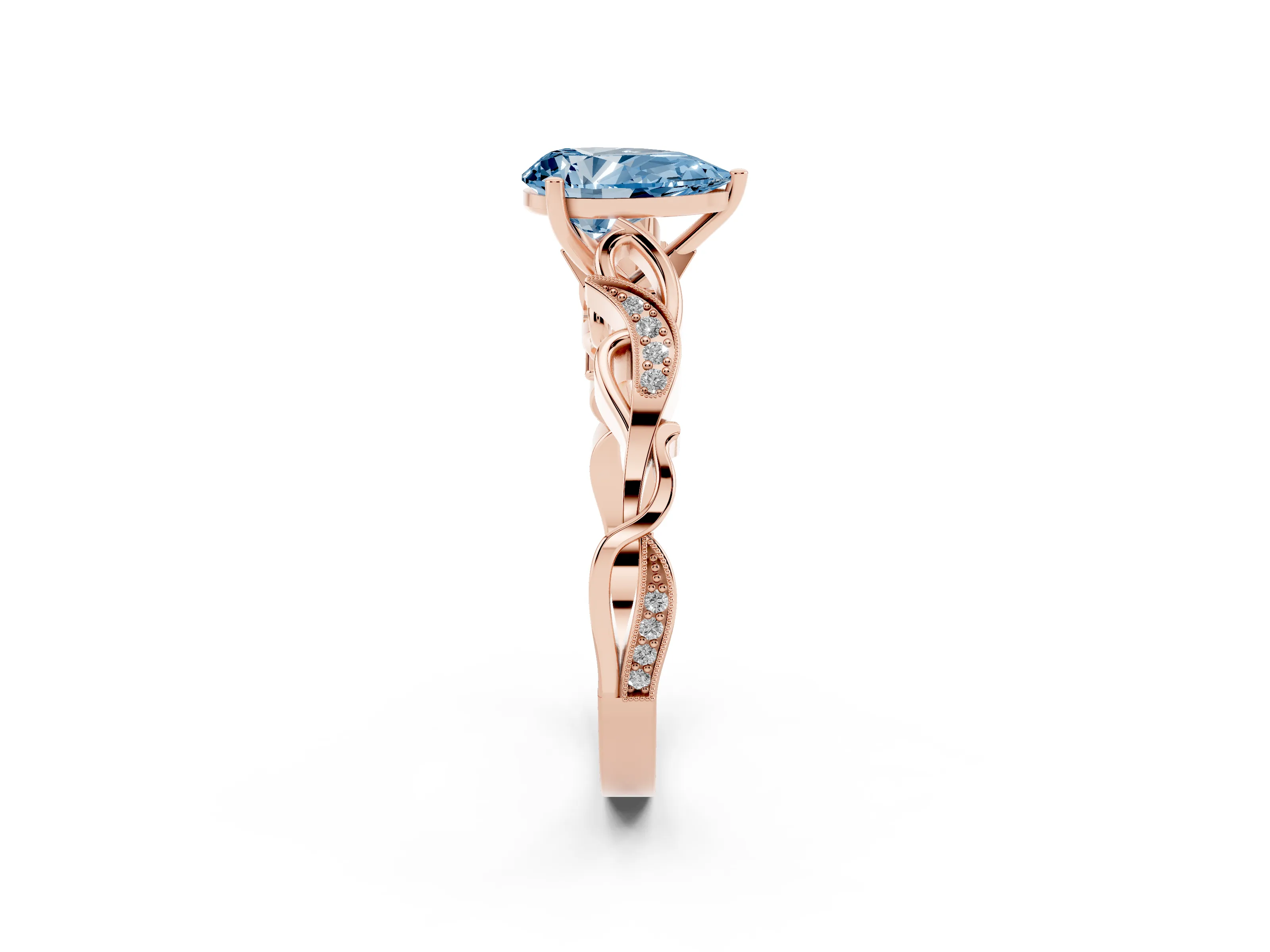 Fancy Blue Pear Cut Diamond Vine Band Solitaire Ring Set in Rose gold with Milgrain Prong Setting