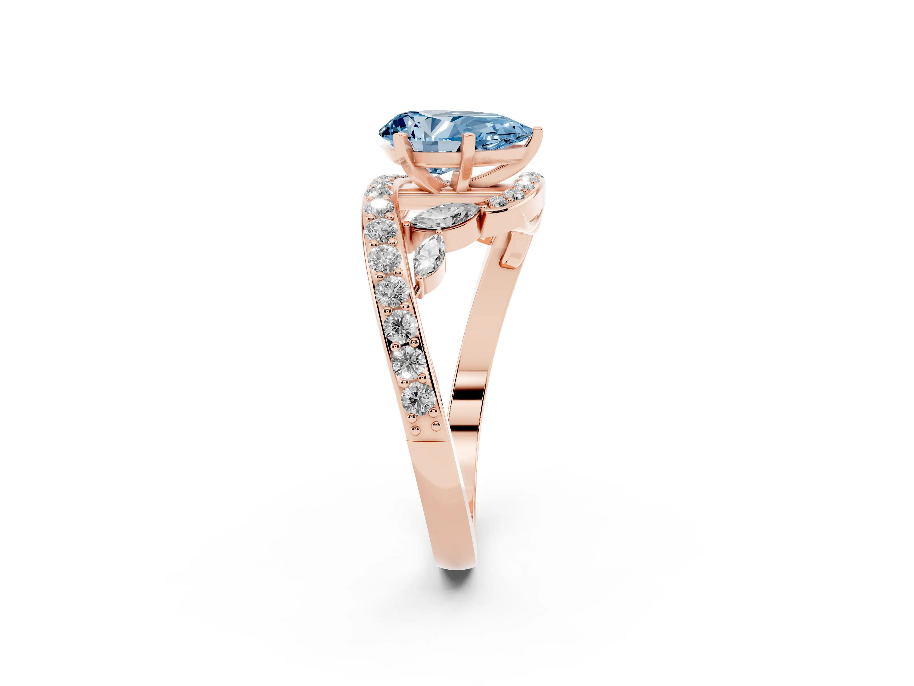 Fancy Blue Pear Cut Diamond Solitaire Ring Set in Rose gold with Pavé Twist Band and Secure Prong Setting