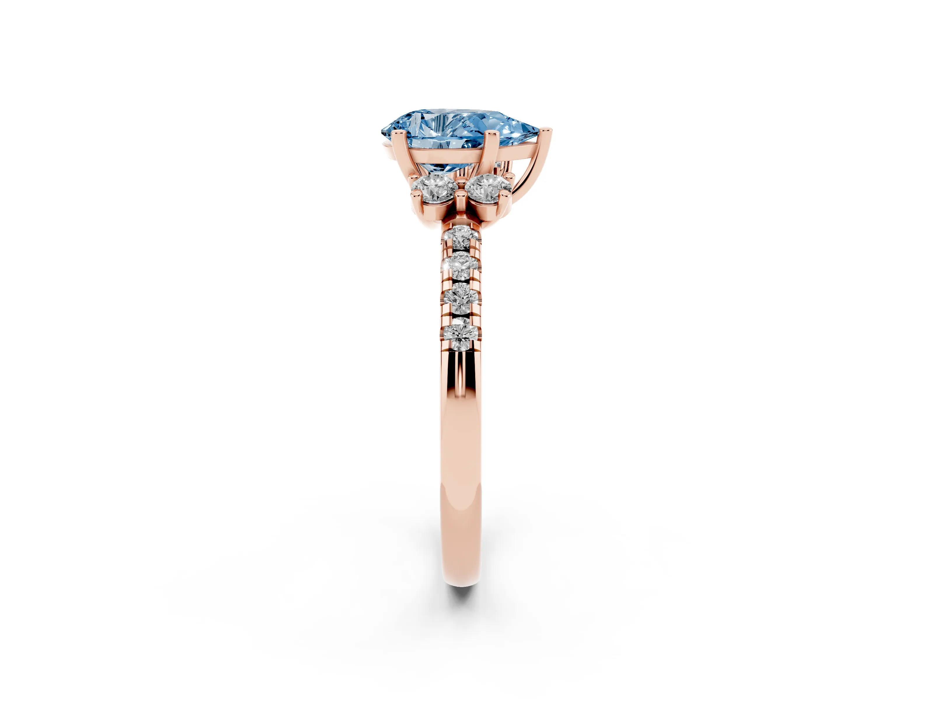 Fancy Blue Pear Cut Diamond Three-Stone Pavé Ring Set in Rose gold with Prong Setting