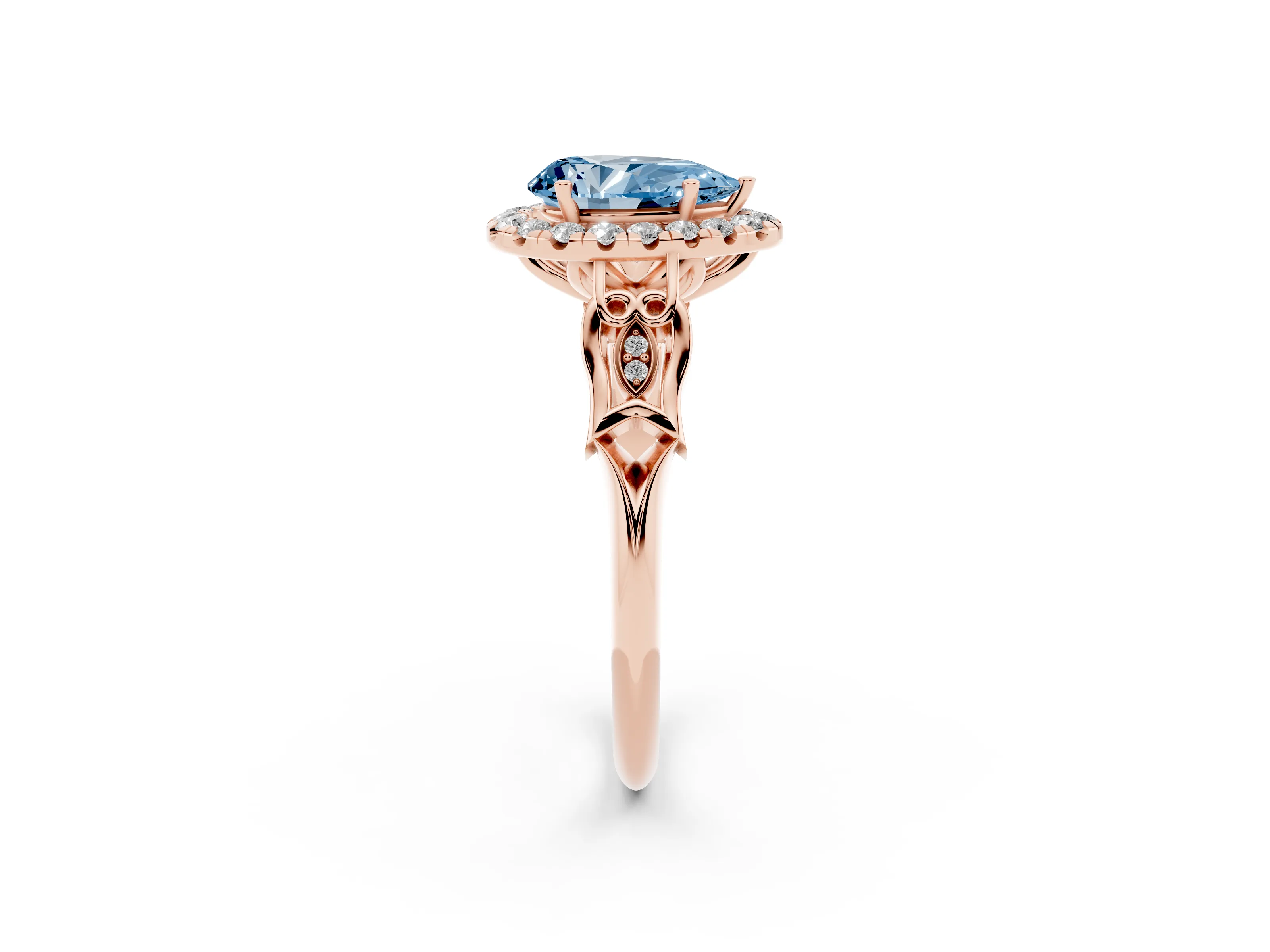 Fancy Blue Pear Cut Diamond Halo Engagement Ring Set in Rose gold with Filigree Band and Prong-Set Center
