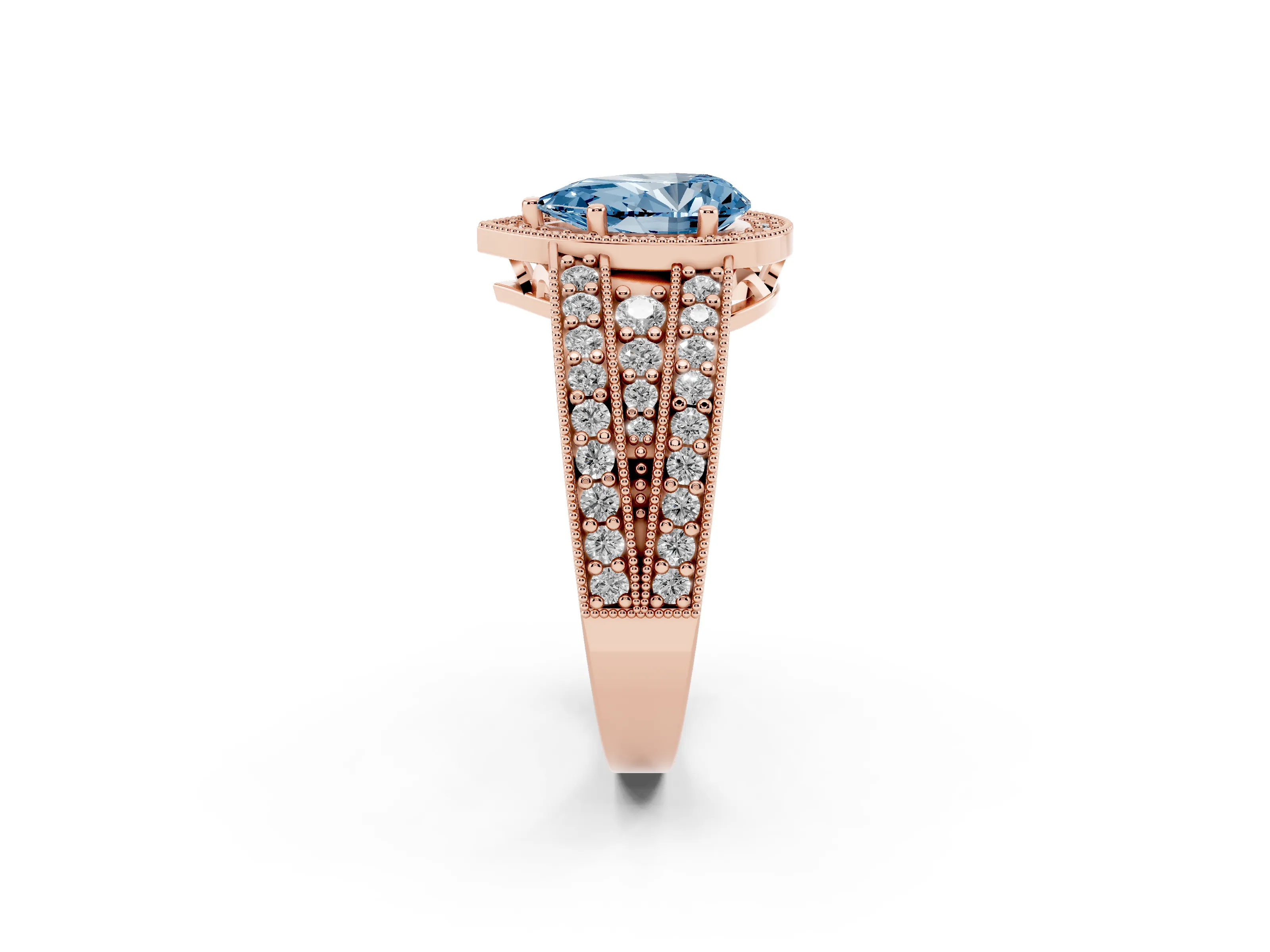 Fancy Blue Pear Cut Diamond Halo Ring Set in Rose gold with Accent Split Shank and Prong Setting