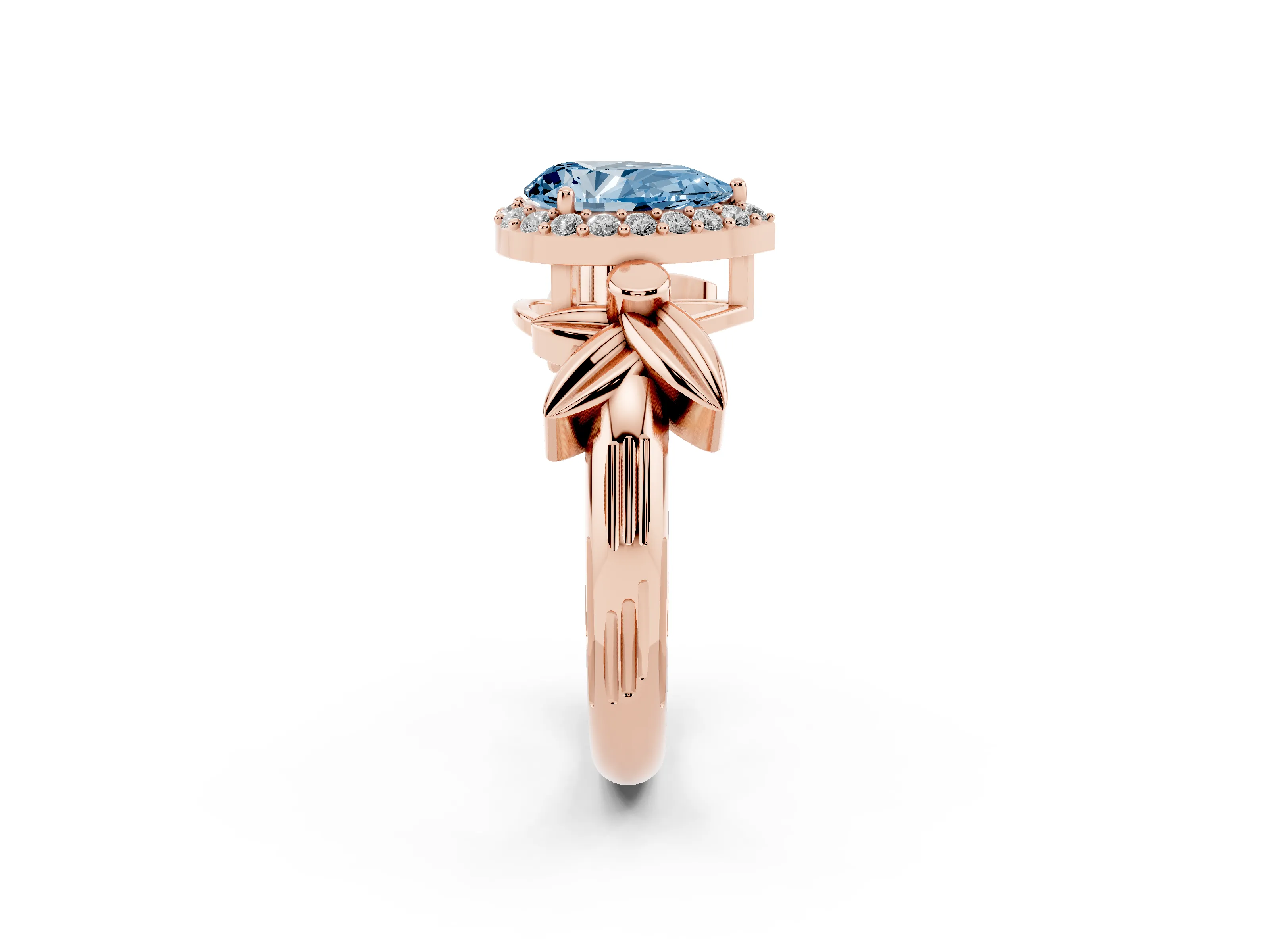 Fancy Blue Pear Cut Diamond Halo Floral Band Ring Set in Rose gold with Prong Setting