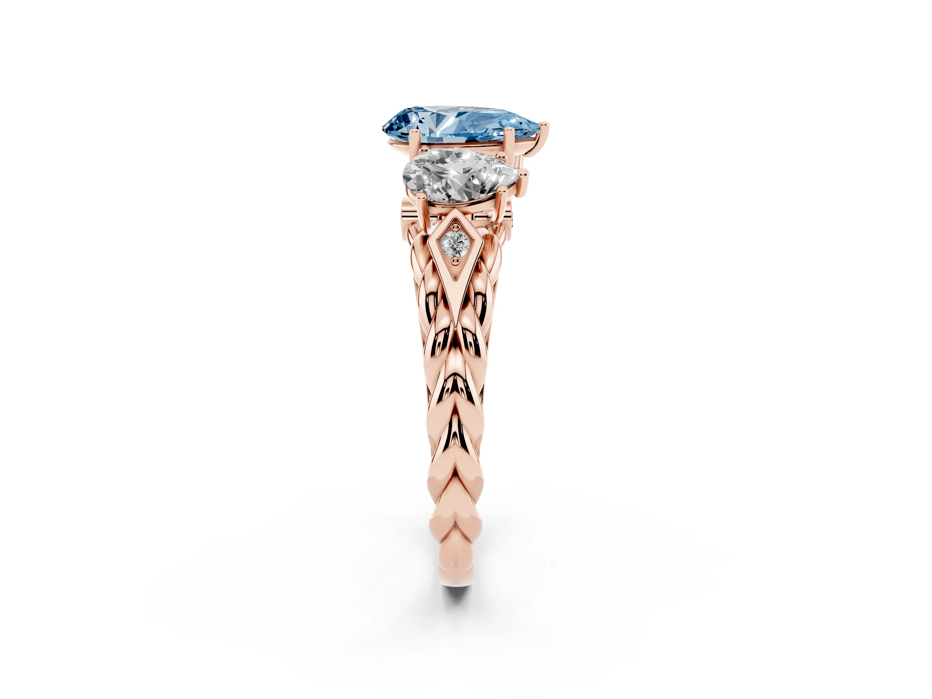 Fancy Blue Pear Cut Diamond Three-Stone Ring Set in Rose gold with Braided Band