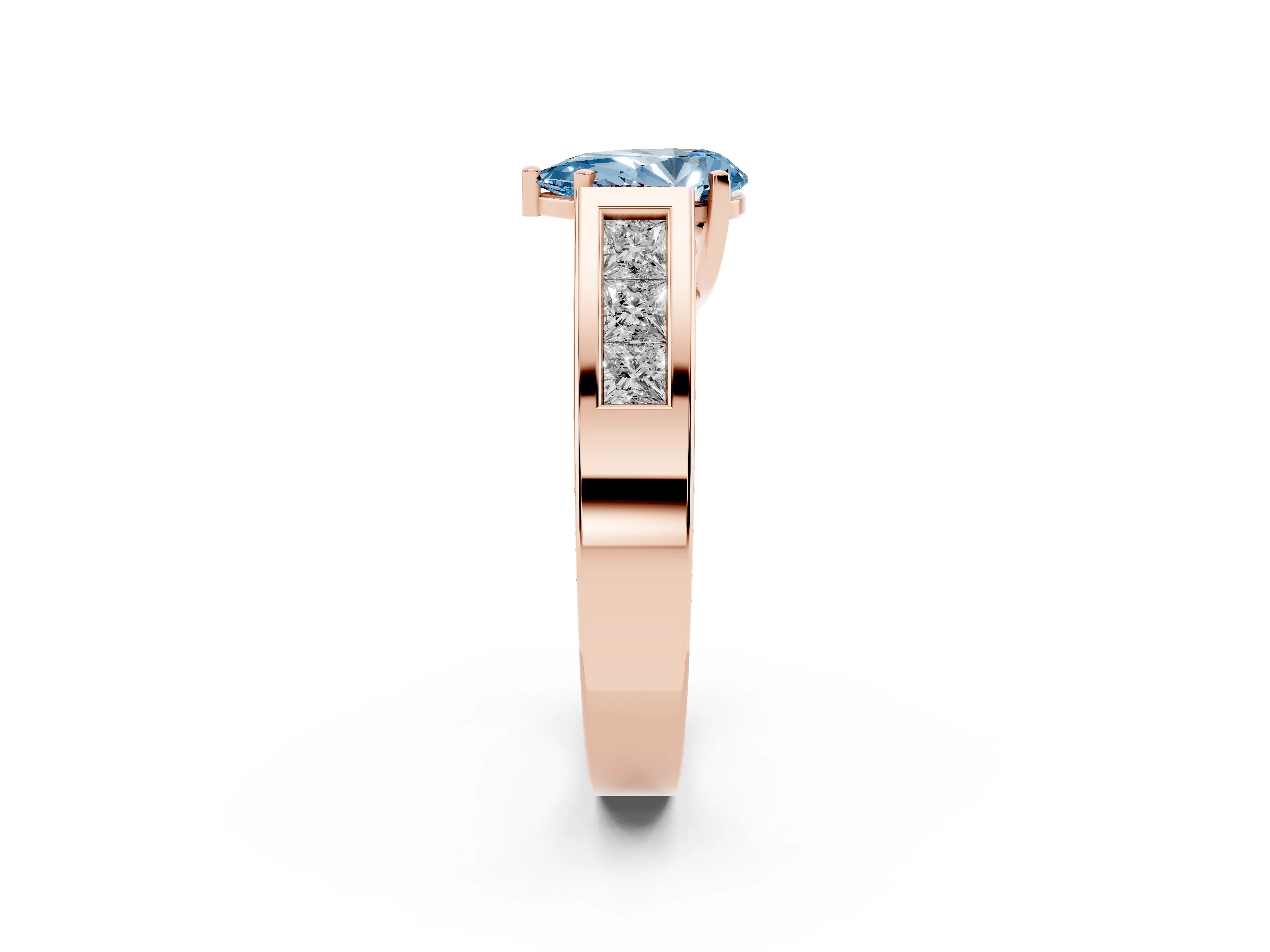 Fancy Blue Pear Cut Diamond Solitaire Ring Set in Rose gold with Channel-Set Accent Stones and Prong Setting