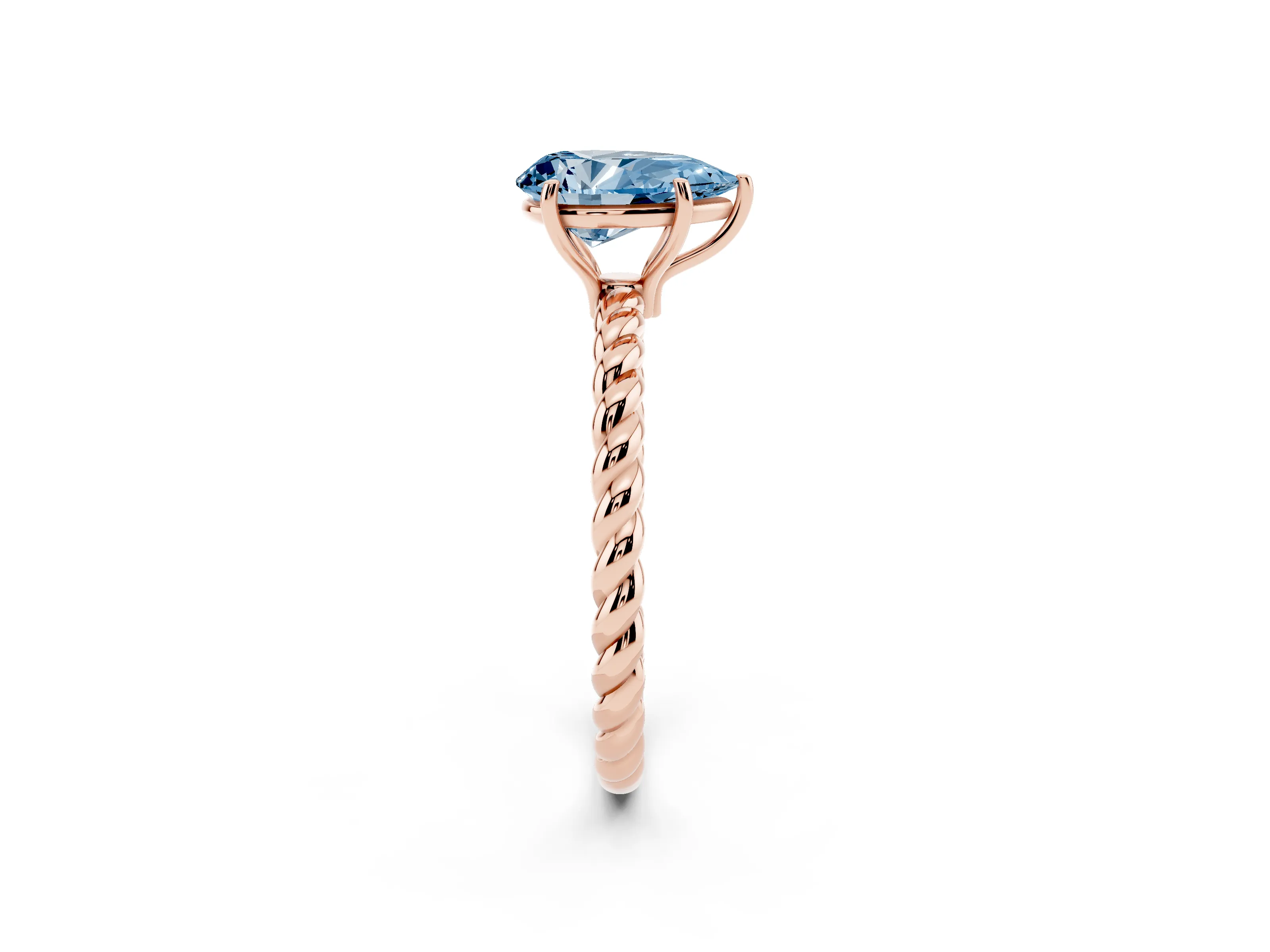Fancy Blue Pear Cut Diamond Solitaire Ring Set in Rose gold with Twist Band and Prong Setting
