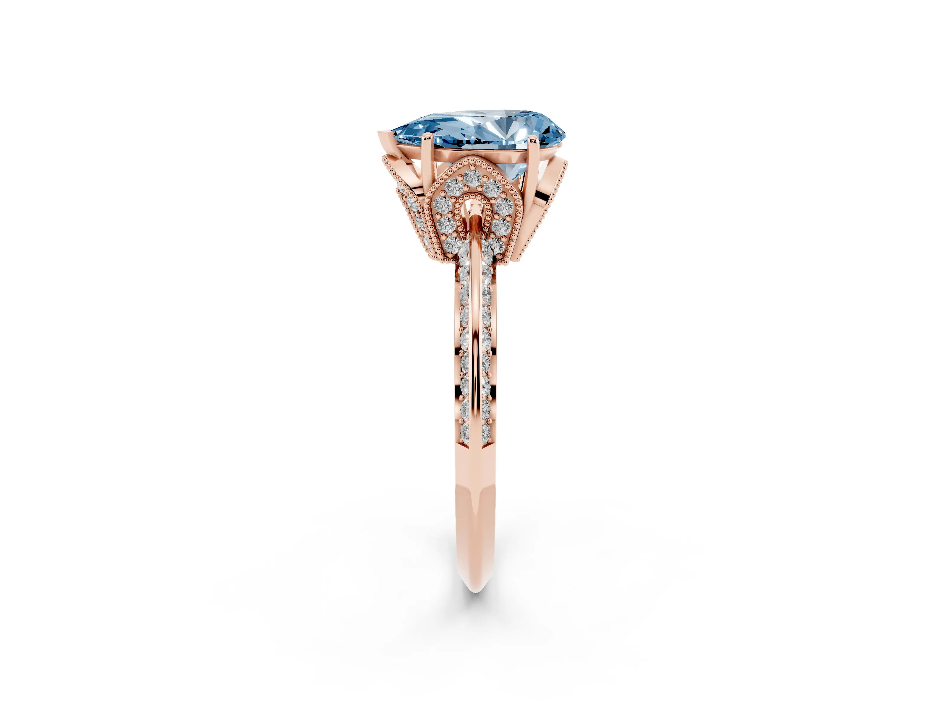 Fancy Blue Pear Cut Diamond Solitaire Engagement Ring Set in Rose gold with Pavé Split Shank and Prong Setting
