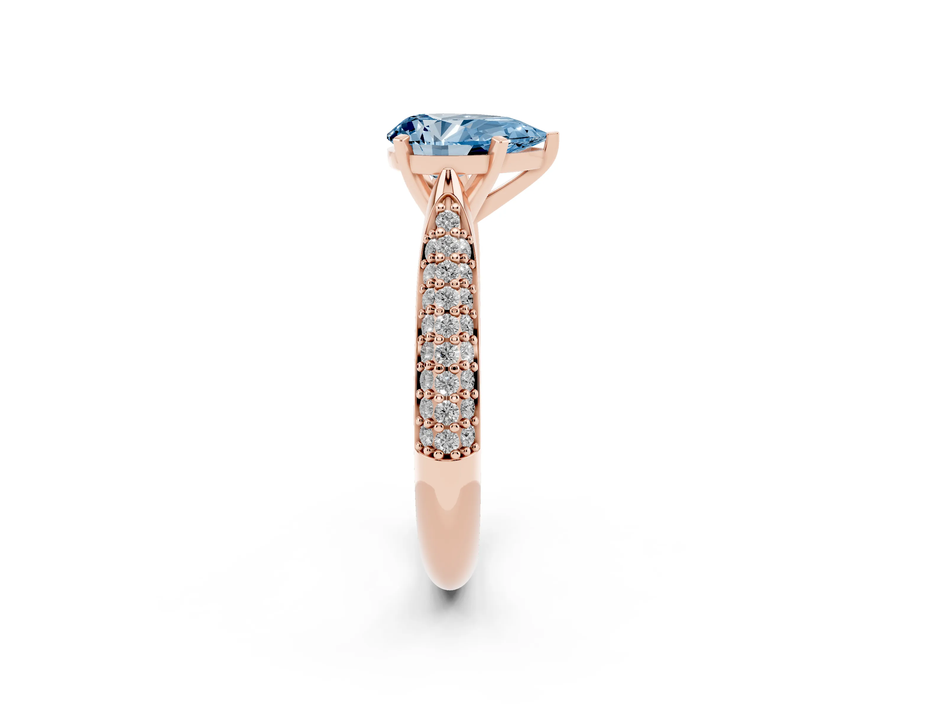Fancy Blue Pear Cut Diamond Solitaire Engagement Ring Set in Rose gold with Multi-Row Round Pavé Band and Prong Setting