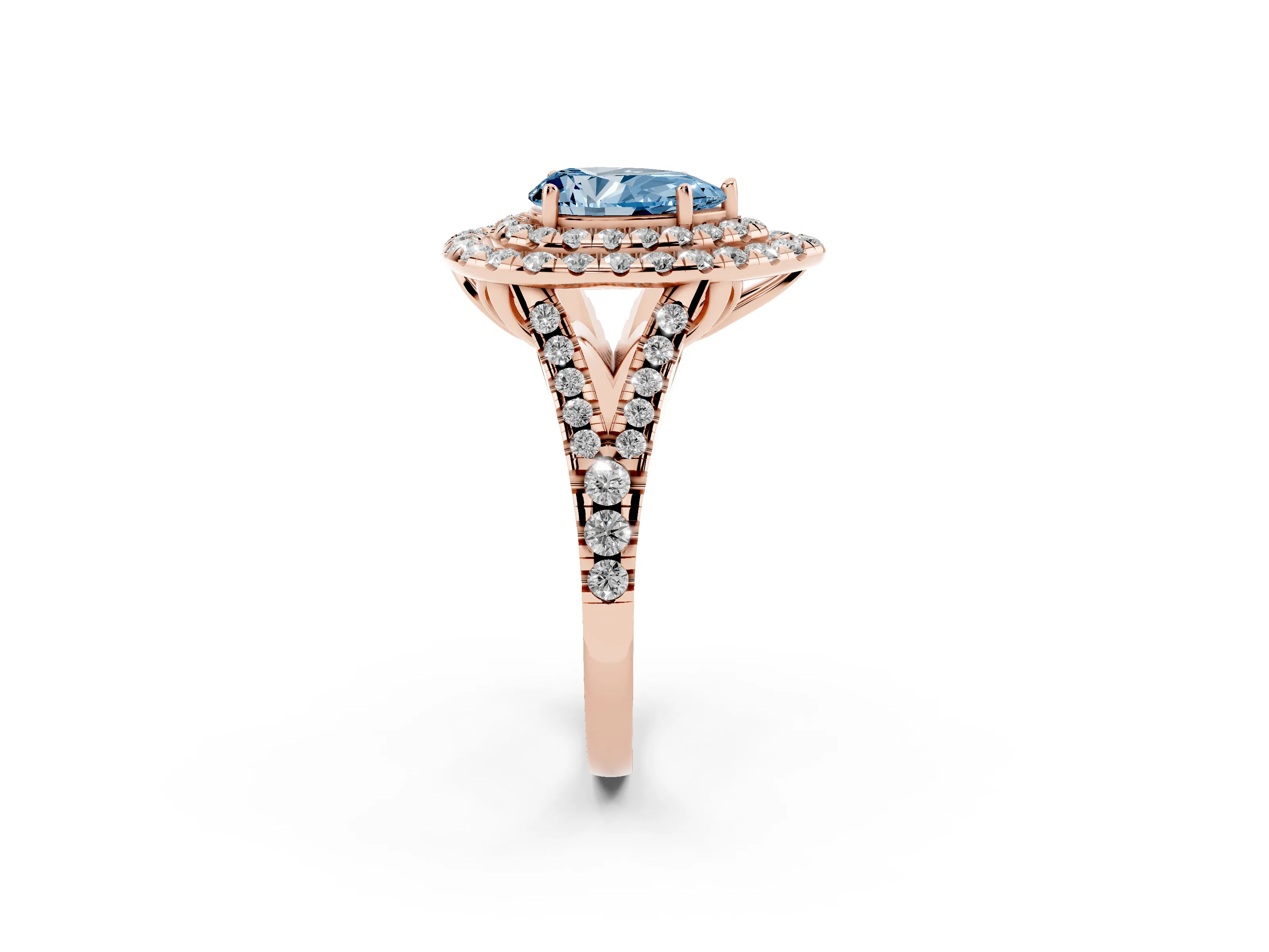 Fancy Blue Pear Cut Diamond Double Halo Ring Set in Rose gold with Pavé Split Shank and Prong Setting