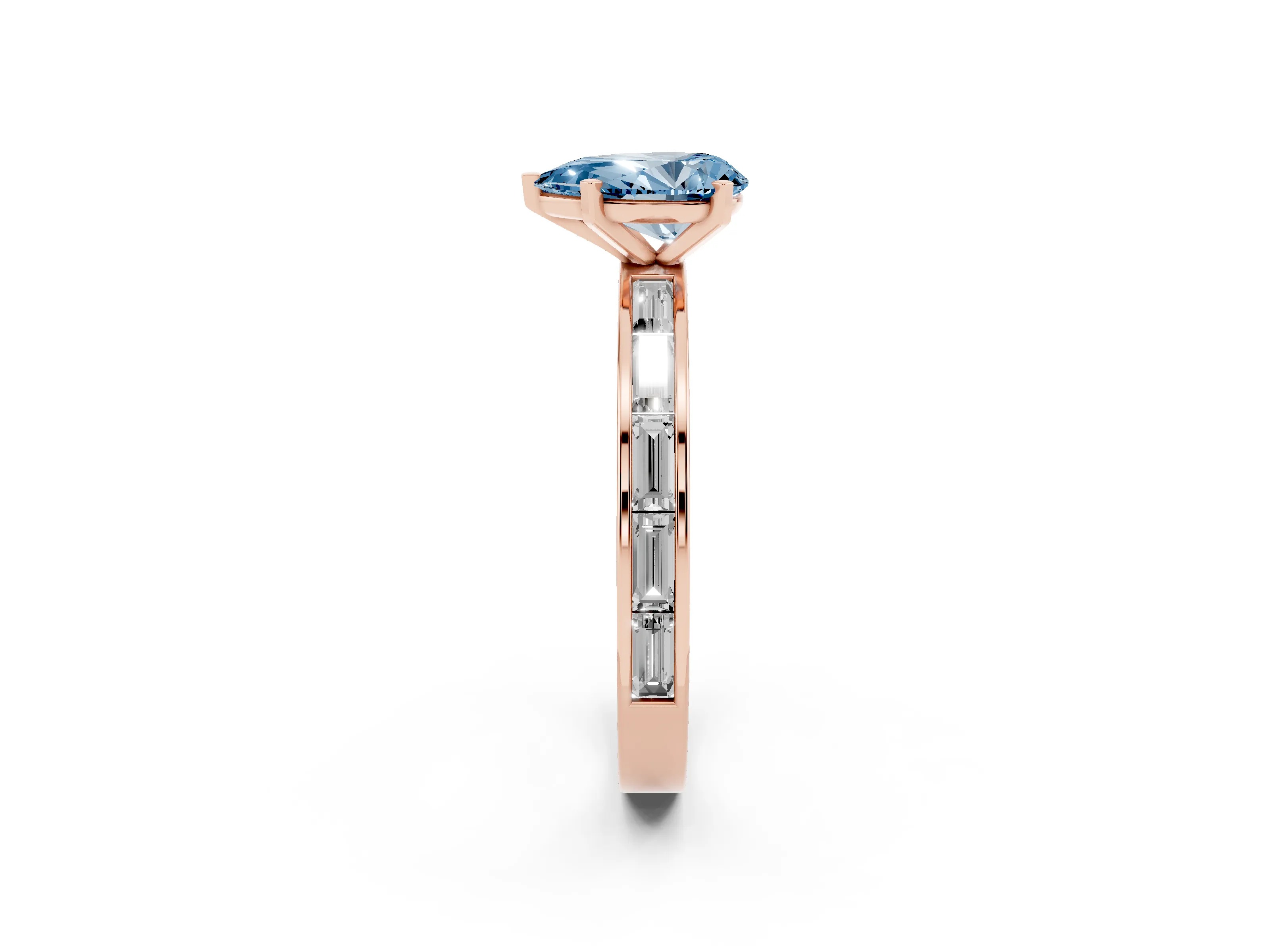 Fancy Blue Pear Cut Diamond Solitaire Ring Set in Rose gold with Channel-Set Baguette Band and Prong Setting