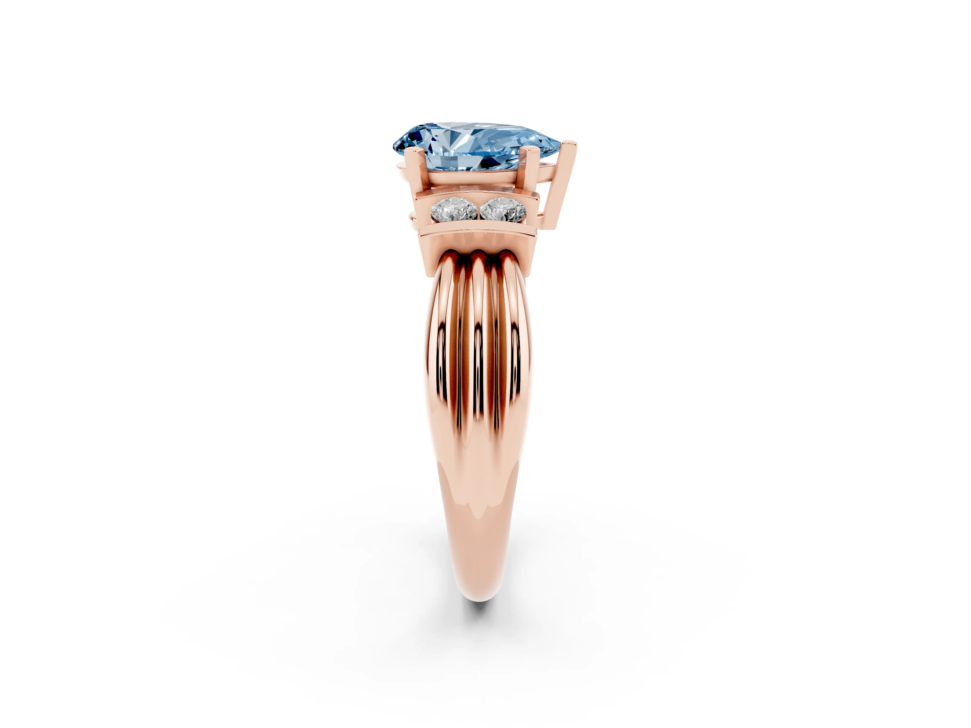 Fancy Blue Three-Stone Pear Cut Diamond Channel Set Ring Set in Rose gold with Bar Prongs
