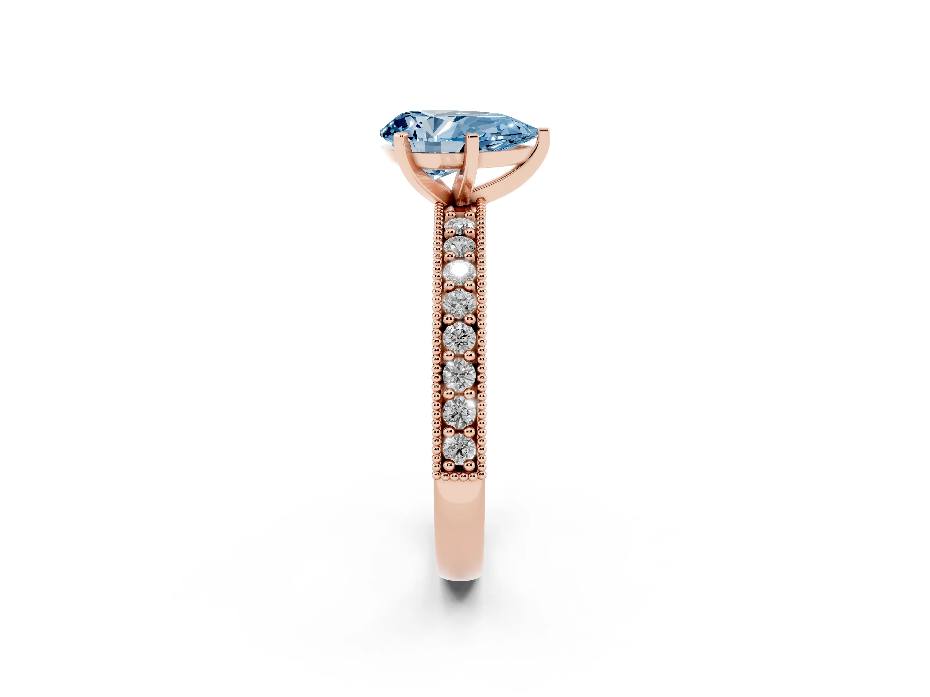 Fancy Blue Pear Cut Diamond Milgrain Pavé Engagement Ring Set in Rose gold with Prong Setting