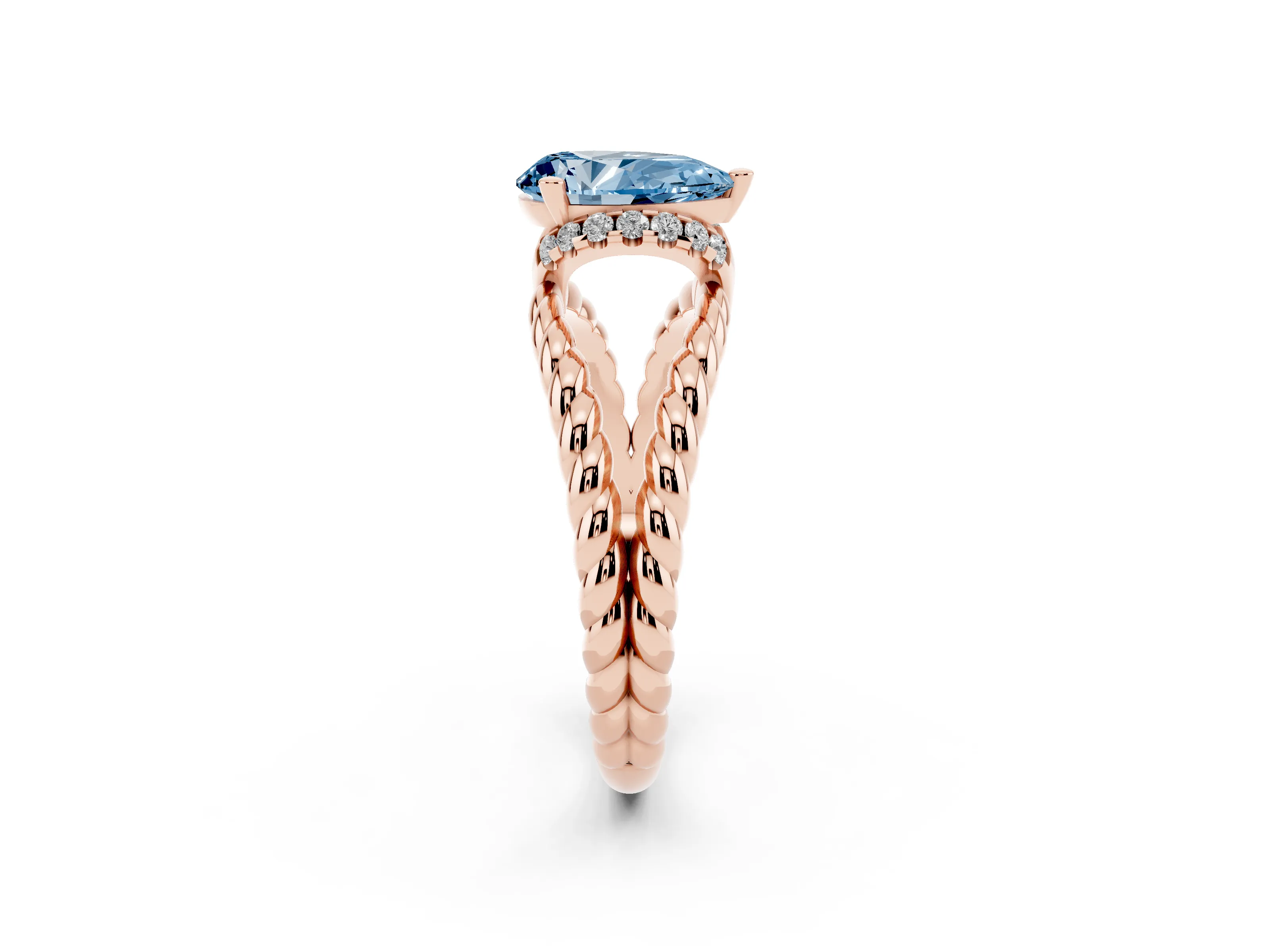 Fancy Blue Pear Cut Diamond Halo Ring Set in Rose gold with Twisted Band and Prong Setting
