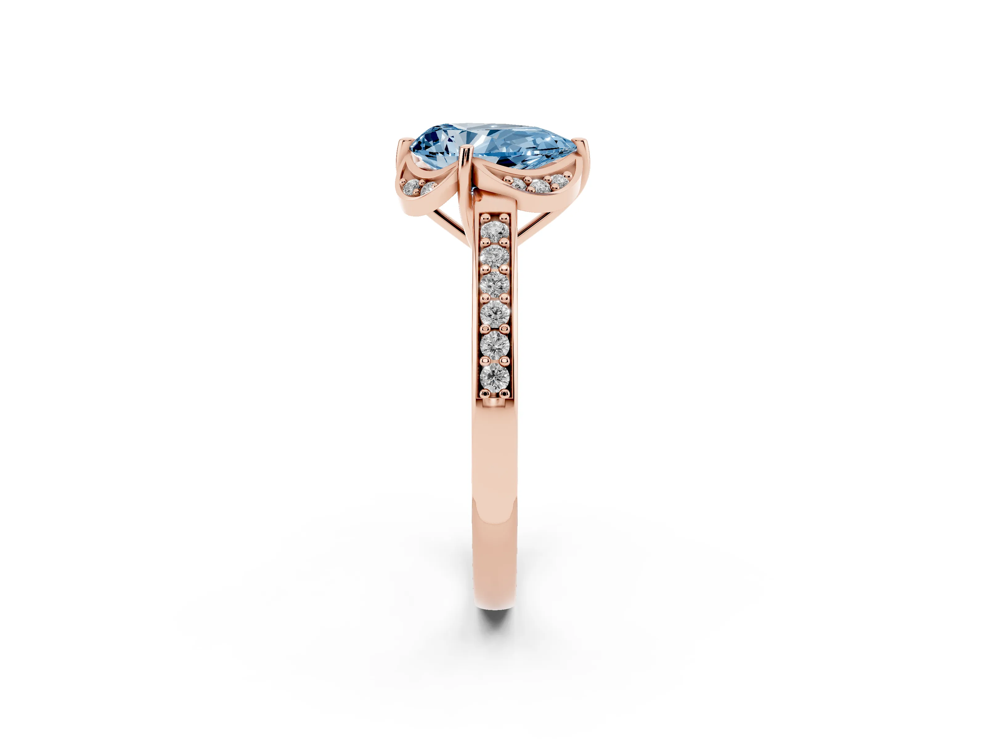 Fancy Blue Pear Cut Diamond Halo Ring Set in Rose gold with Channel Set Band and Prong Setting
