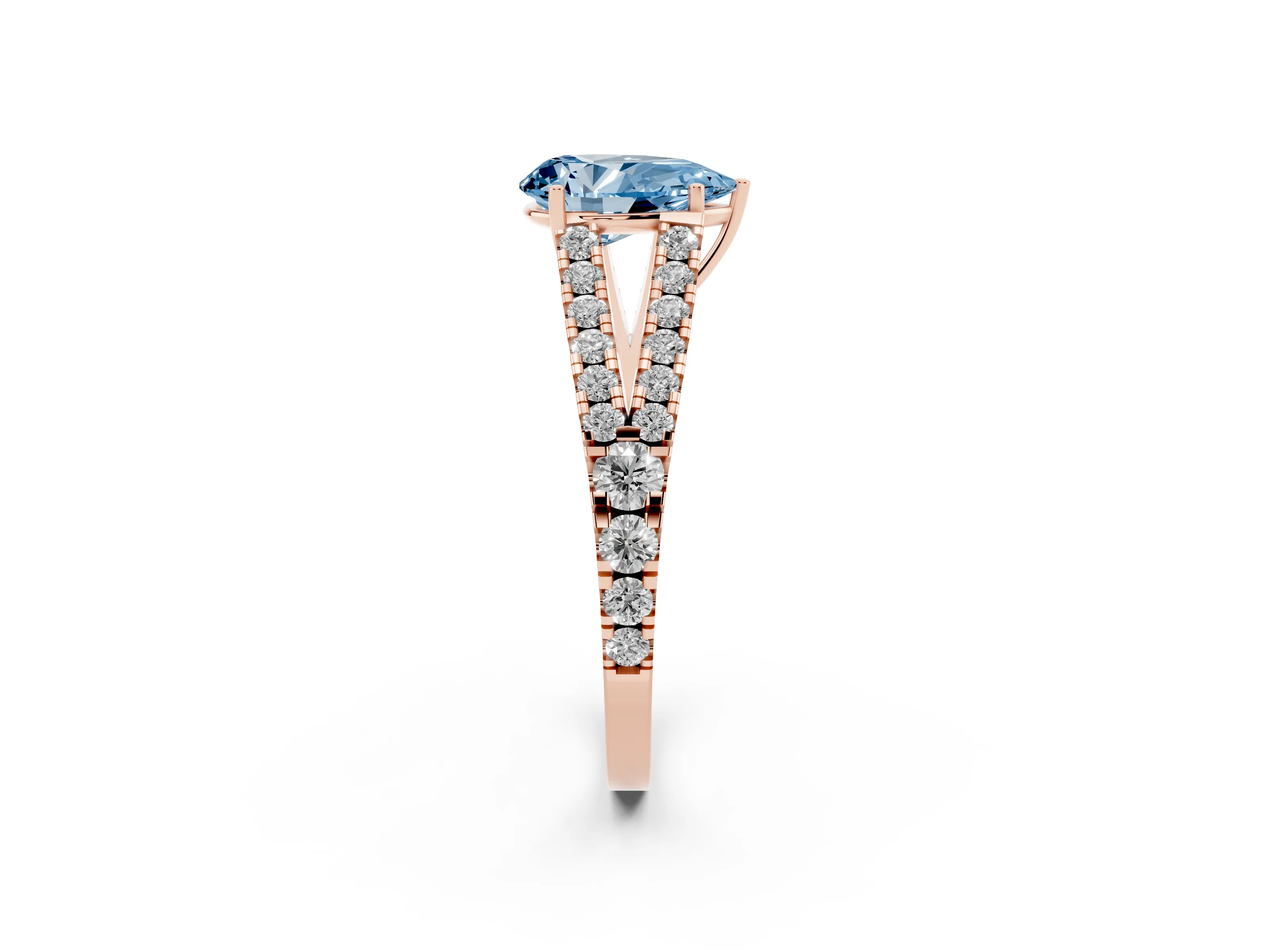 Fancy Blue Pear Cut Diamond Split Shank Pavé Engagement Ring Set in Rose gold with Prong-Held Center Stone