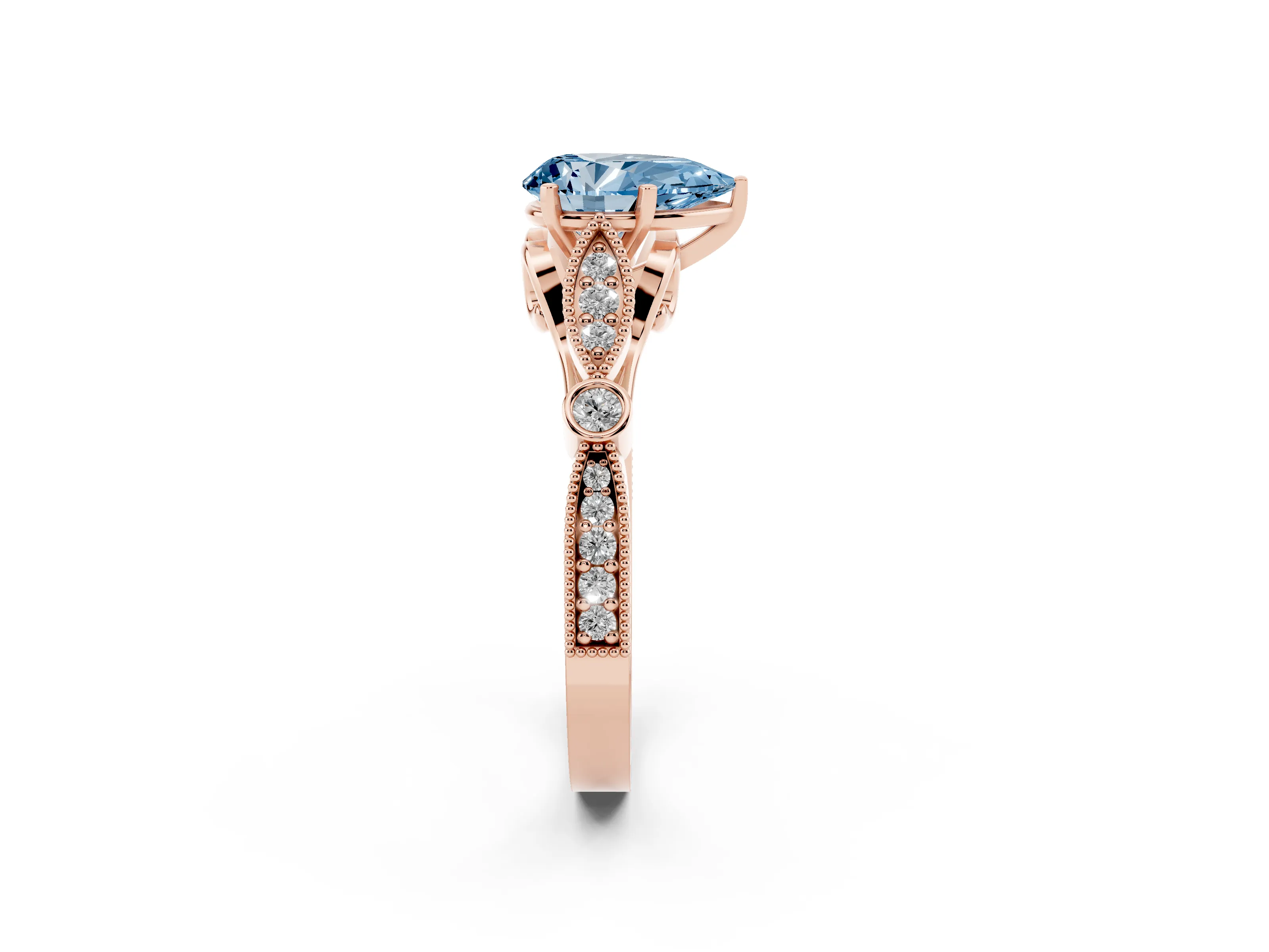 Fancy Blue Pear Cut Diamond Solitaire Ring Set in Rose gold with Milgrain Marquise and Bezel Accents