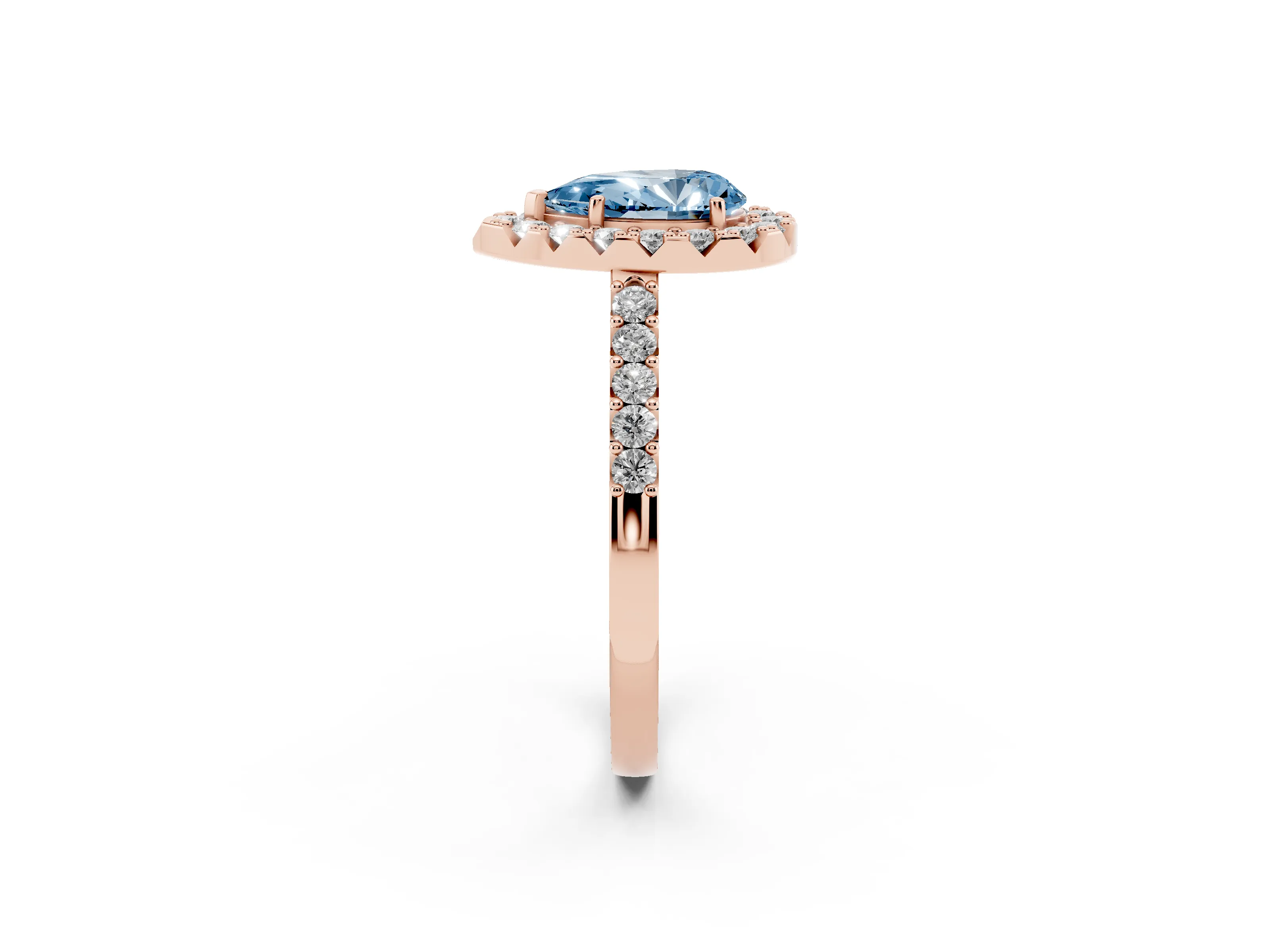 Fancy Blue Pear Cut Diamond Halo Pavé Solitaire Ring Set in Rose gold with Prong-Set Center Stone