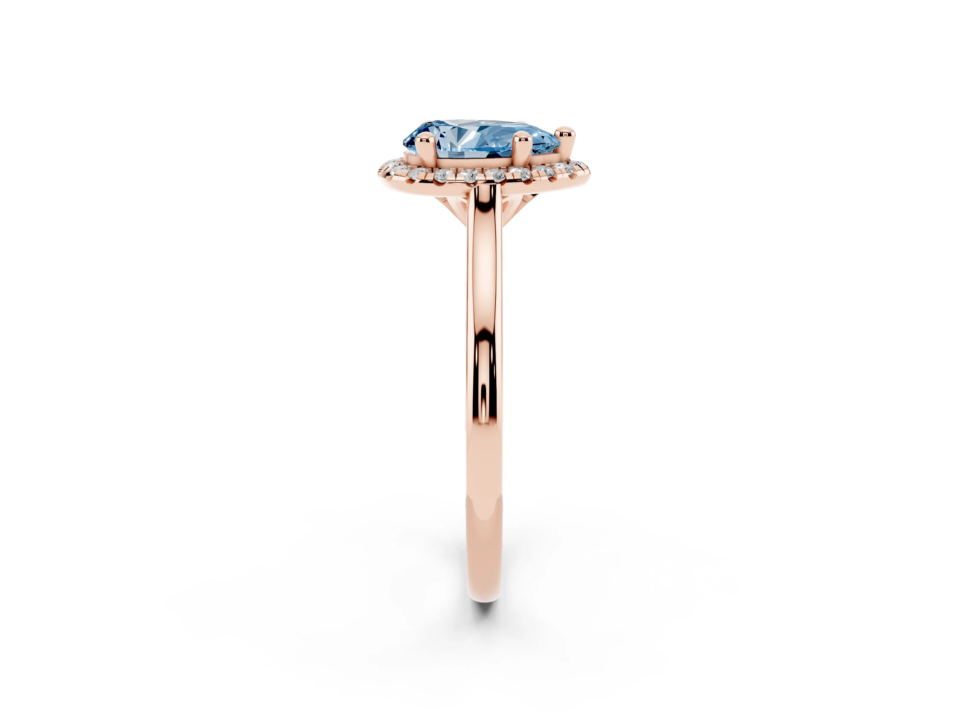Fancy Blue Pear Cut Diamond Halo Engagement Ring Set in Rose gold with Pavé Band and Rising Shoulders