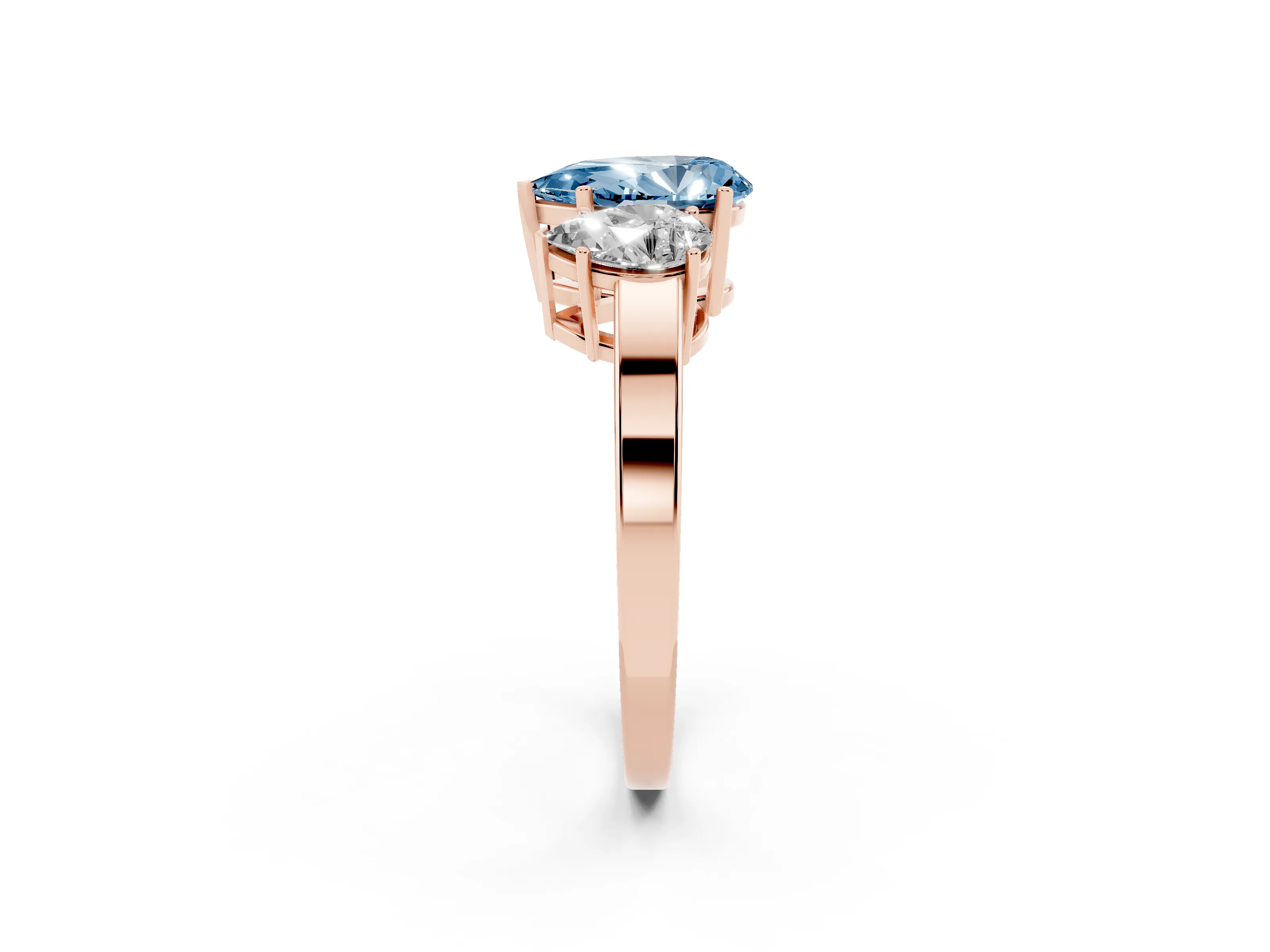 Fancy Blue Pear Cut Diamond Three-Stone Engagement Ring Set in Rose gold with Flat Band