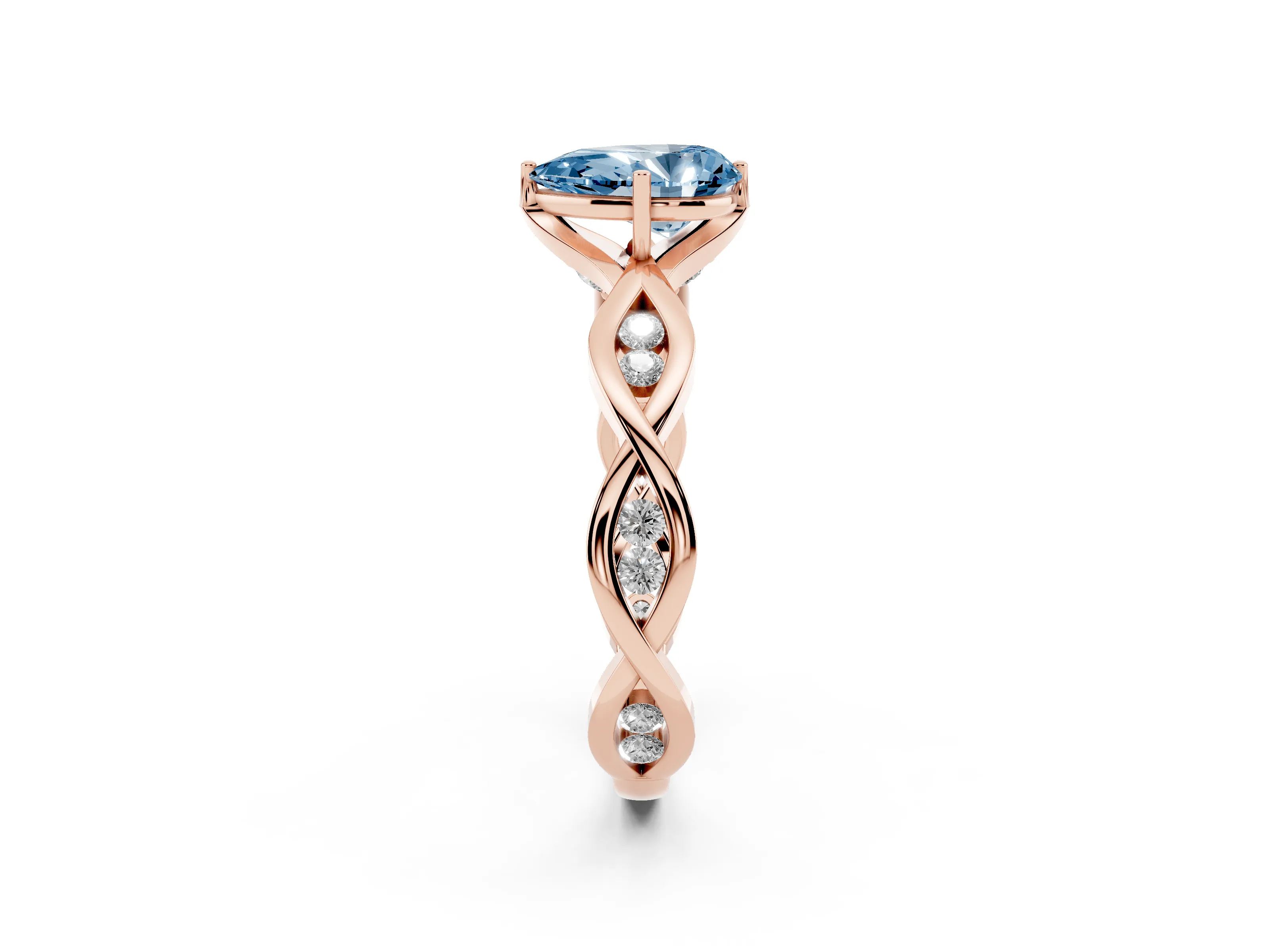 Fancy Blue Pear Cut Diamond Twist Band Solitaire Ring Set in Rose gold with Leaf Prong Setting and Accent Stones