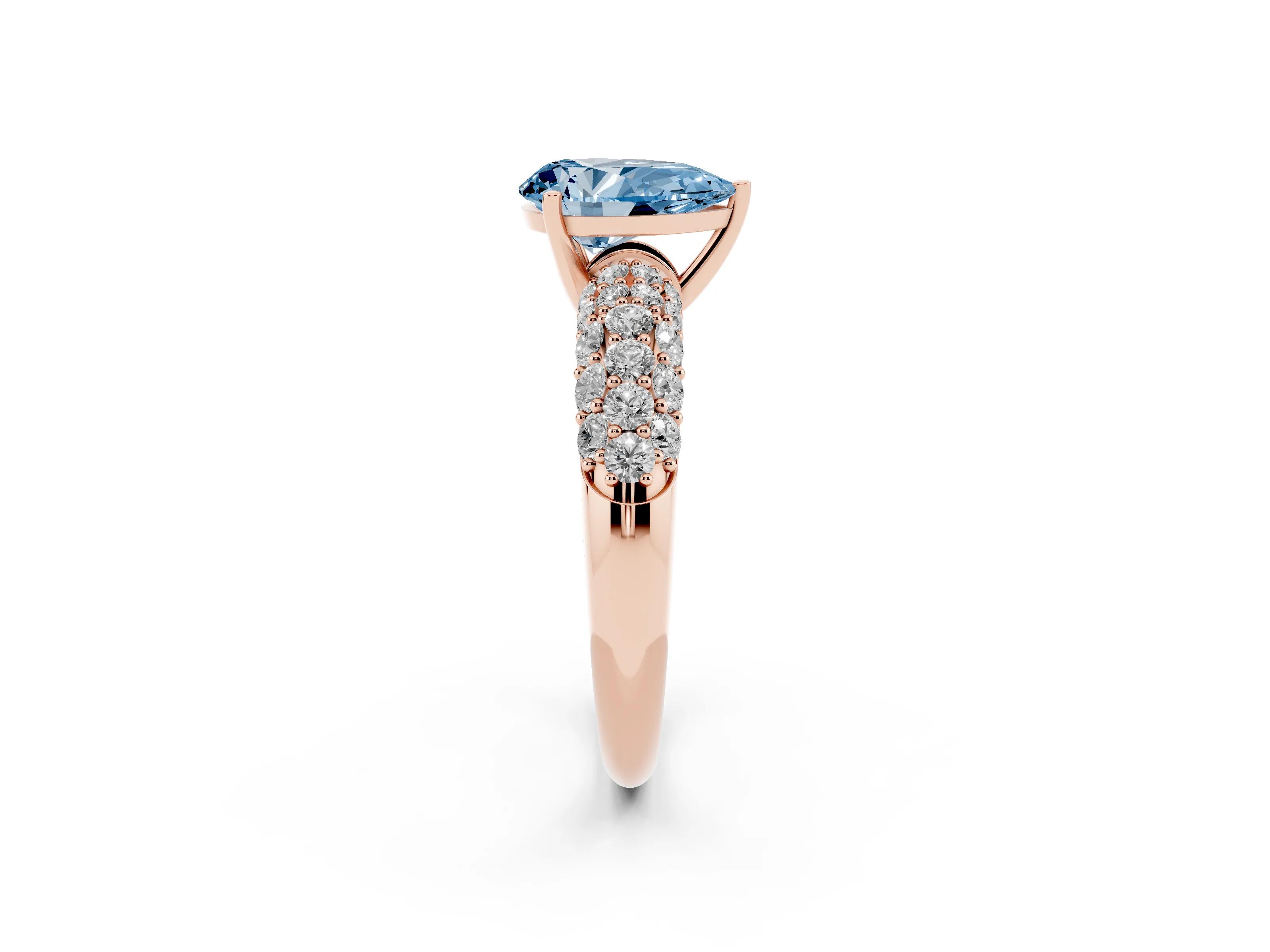 Fancy Blue Pear Cut Diamond Pavé Band Solitaire Ring Set in Rose gold with Close-Set Accent Stones and Prong Setting