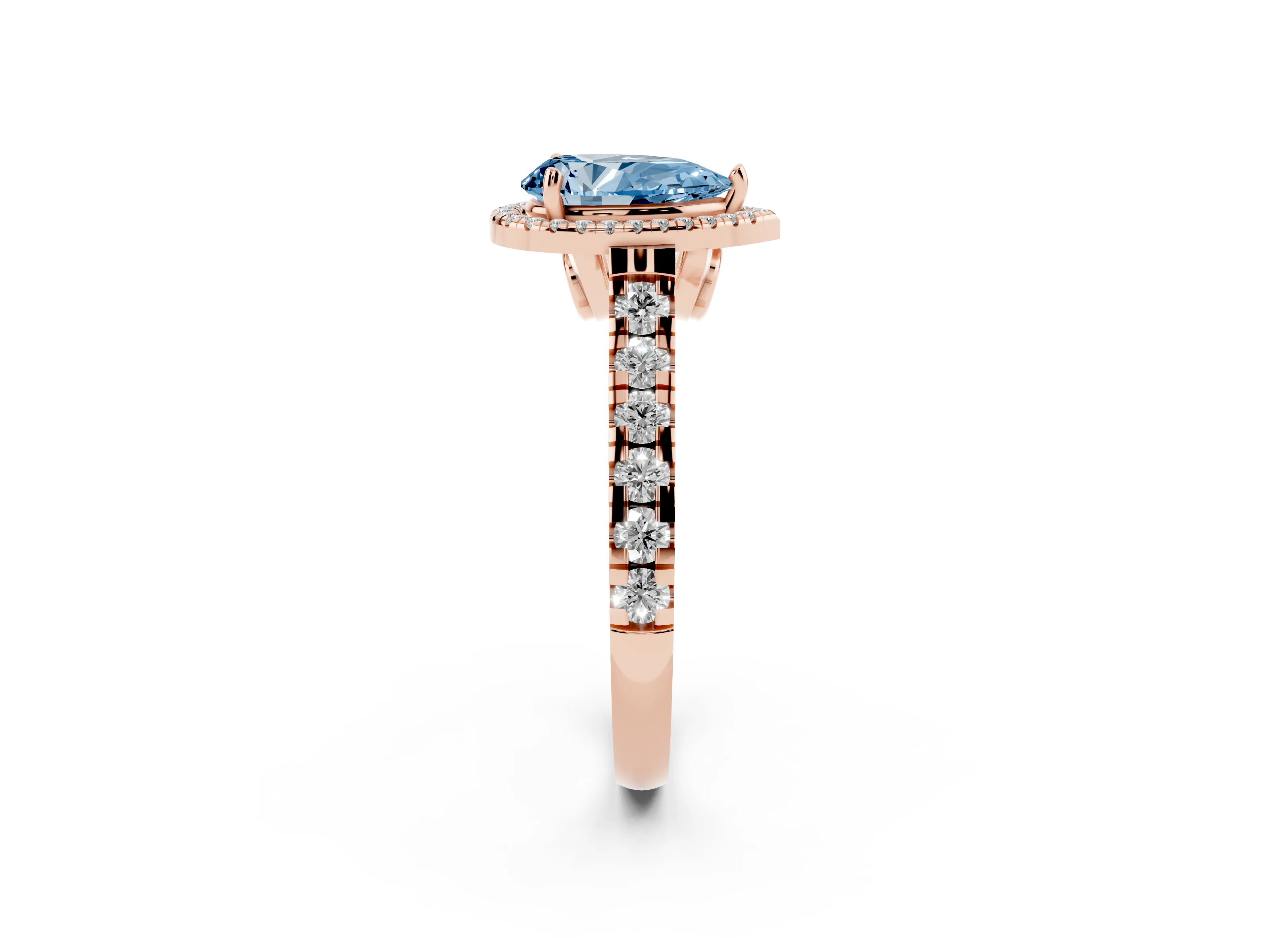 Fancy Blue Pear Cut Diamond Halo Engagement Ring Set in Rose gold with Pavé Band and Prong-Set Center